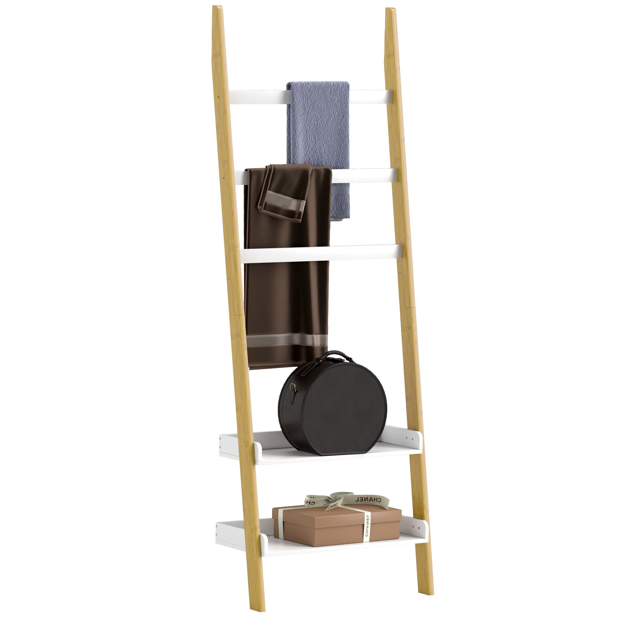 5-Tier Towel Rack Ladder Clothes Rack with 2 Shelves Space Saving for Bathroom, Bedroom, Living Room, White