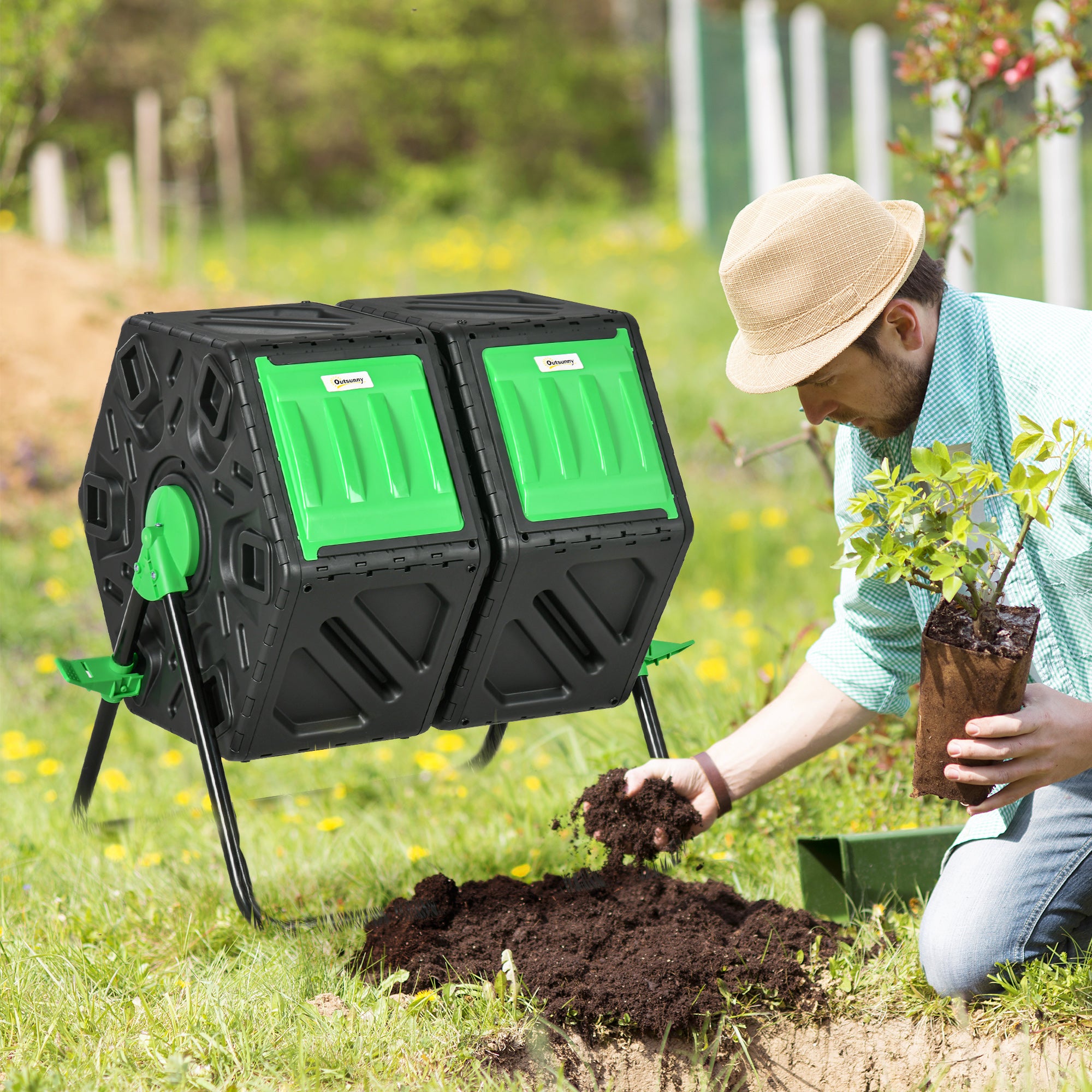 130L Dual Chamber Rotating Composter Garden Compost Bin with Ventilation Openings and Steel Legs 67x60x77 cm Black