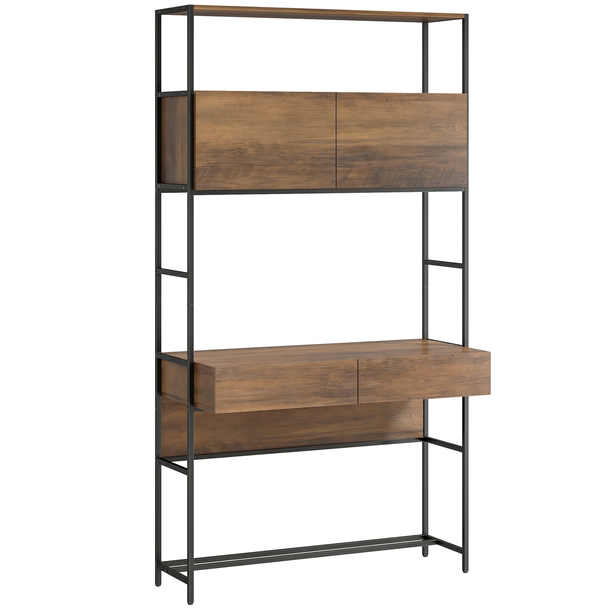 Computer Desk with 2 Drawers, 39.4 in W x 17.7 in D x 72.8 in H — Storage Cabinets & Open Shelves, Modern Small-Space Home Office Desk, Brown Wood