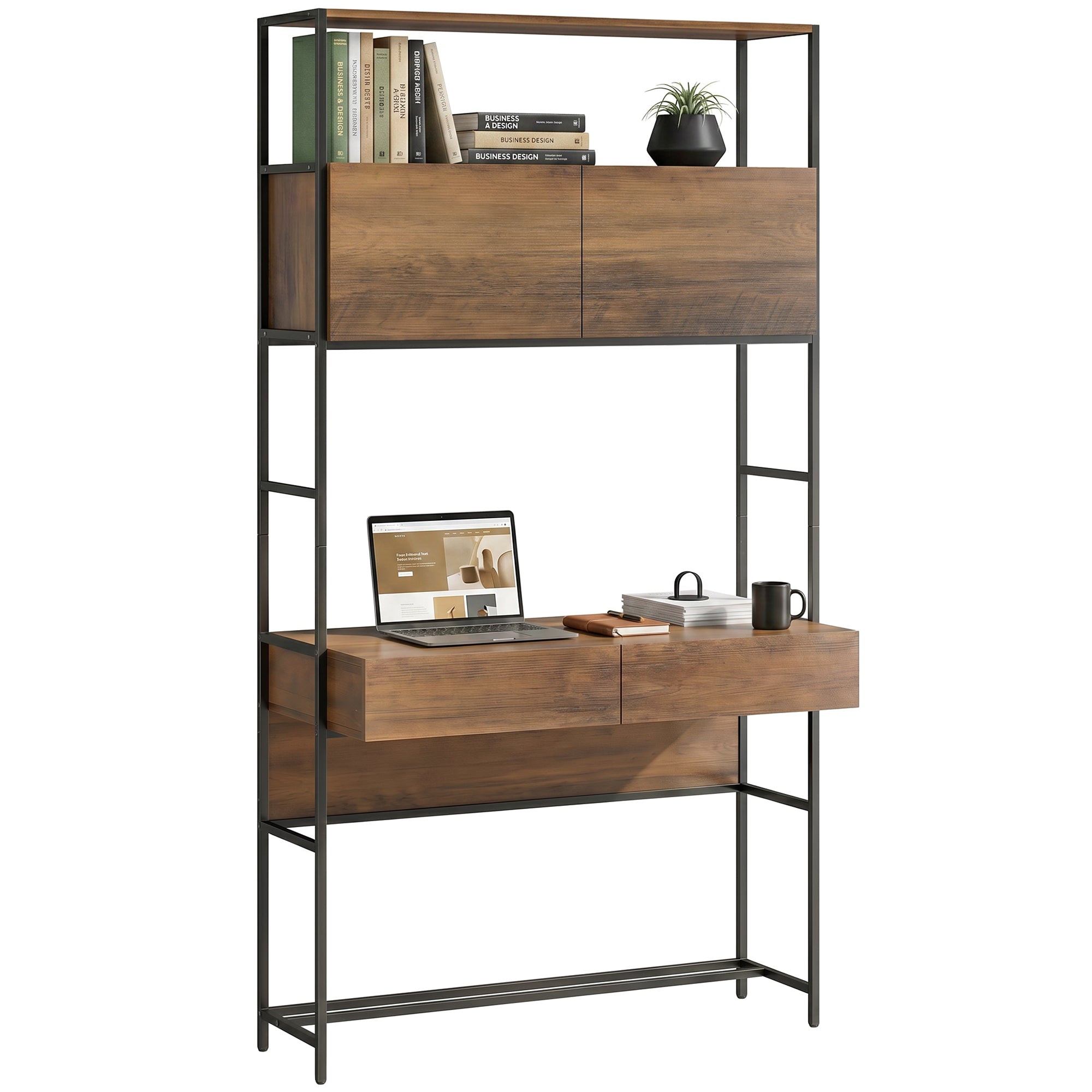 Computer Desk with 2 Drawers, 39.4 in W x 17.7 in D x 72.8 in H — Storage Cabinets & Open Shelves, Modern Small-Space Home Office Desk, Brown Wood