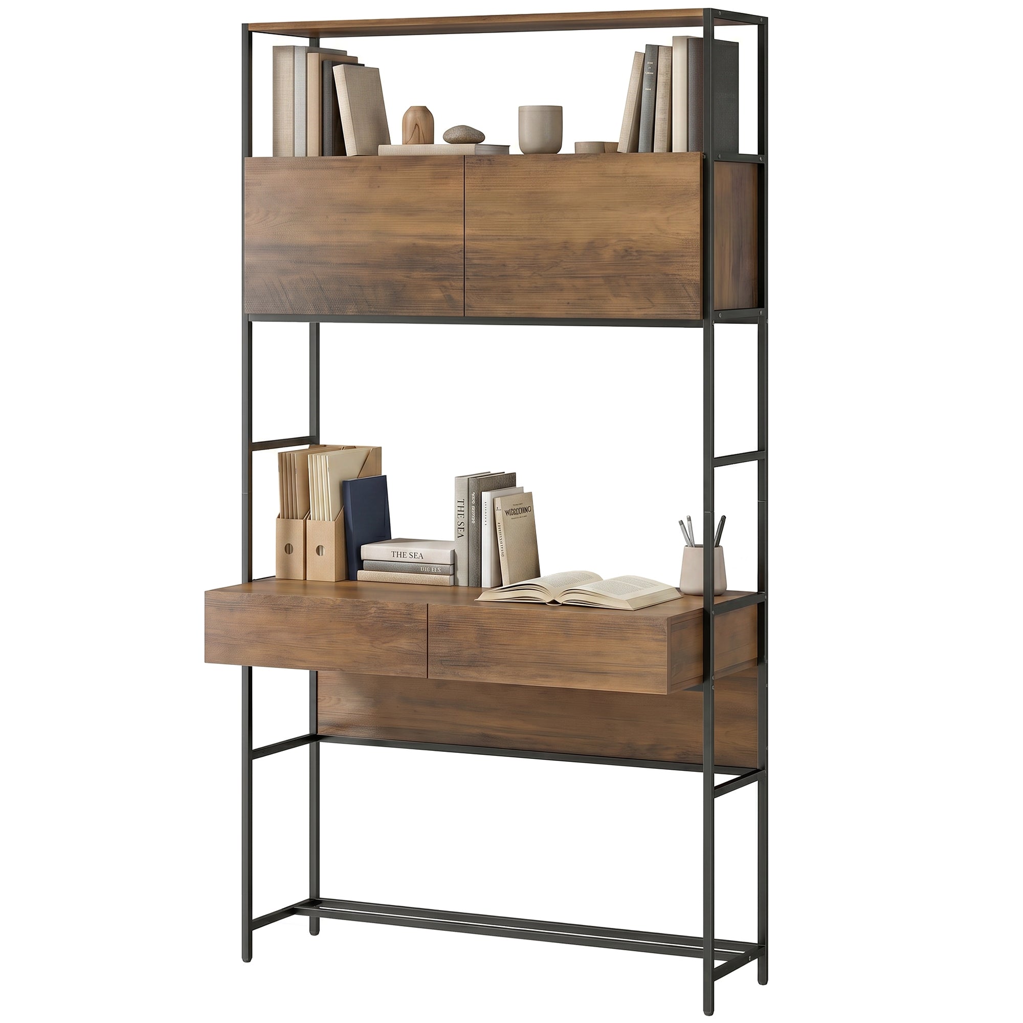 Computer Desk with 2 Drawers, 39.4 in W x 17.7 in D x 72.8 in H — Storage Cabinets & Open Shelves, Modern Small-Space Home Office Desk, Brown Wood
