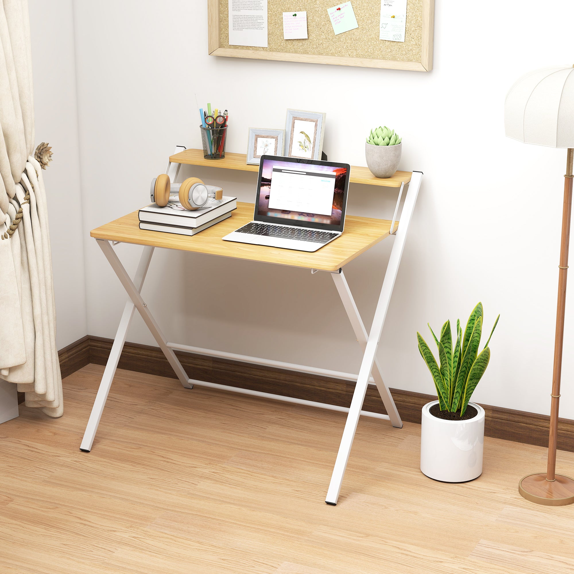 Folding Desk Folding Desk with Open Shelf Small Desk for Home Office Study 86x66x82 cm Natural