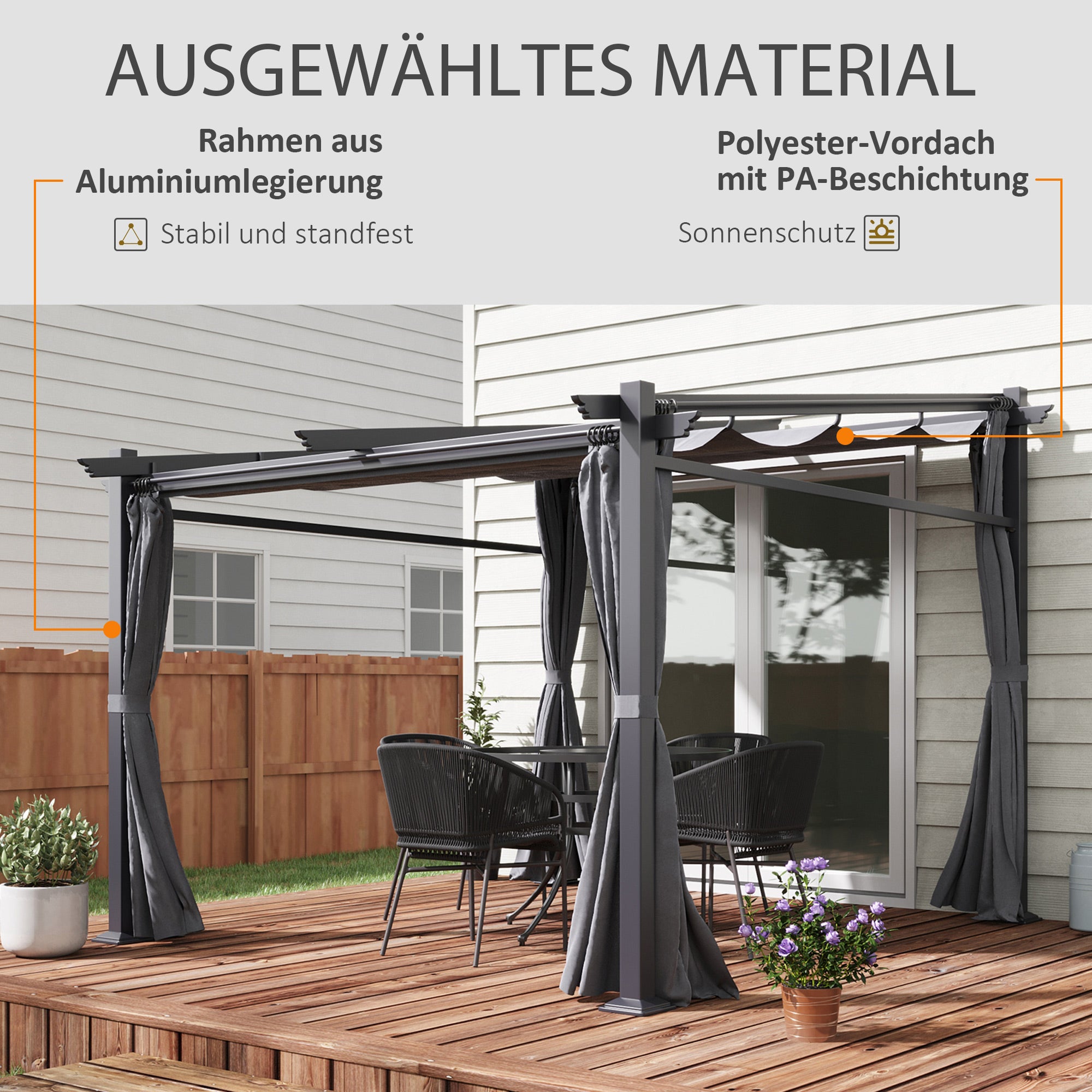 Terrace Roof Pergola approx. 3x3m Terrace Cover Garden Pavilion Aluminum, Wall Mounting, Garden Pergola with Adjustable Roof, UV Protection, Sun Protection for Terrace and Garden, Dark Gray
