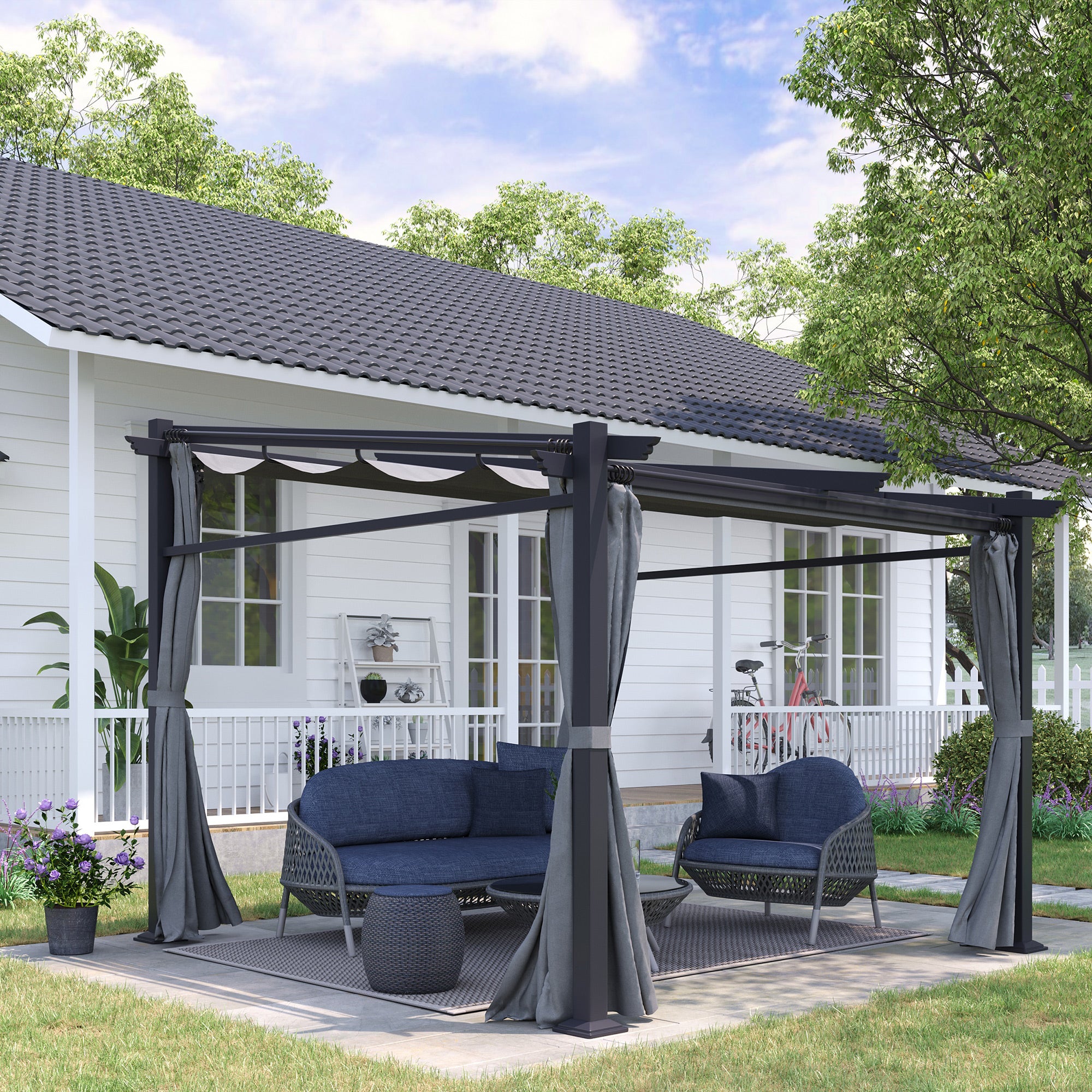 Terrace Roof Pergola approx. 3x3m Terrace Cover Garden Pavilion Aluminum, Wall Mounting, Garden Pergola with Adjustable Roof, UV Protection, Sun Protection for Terrace and Garden, Dark Gray