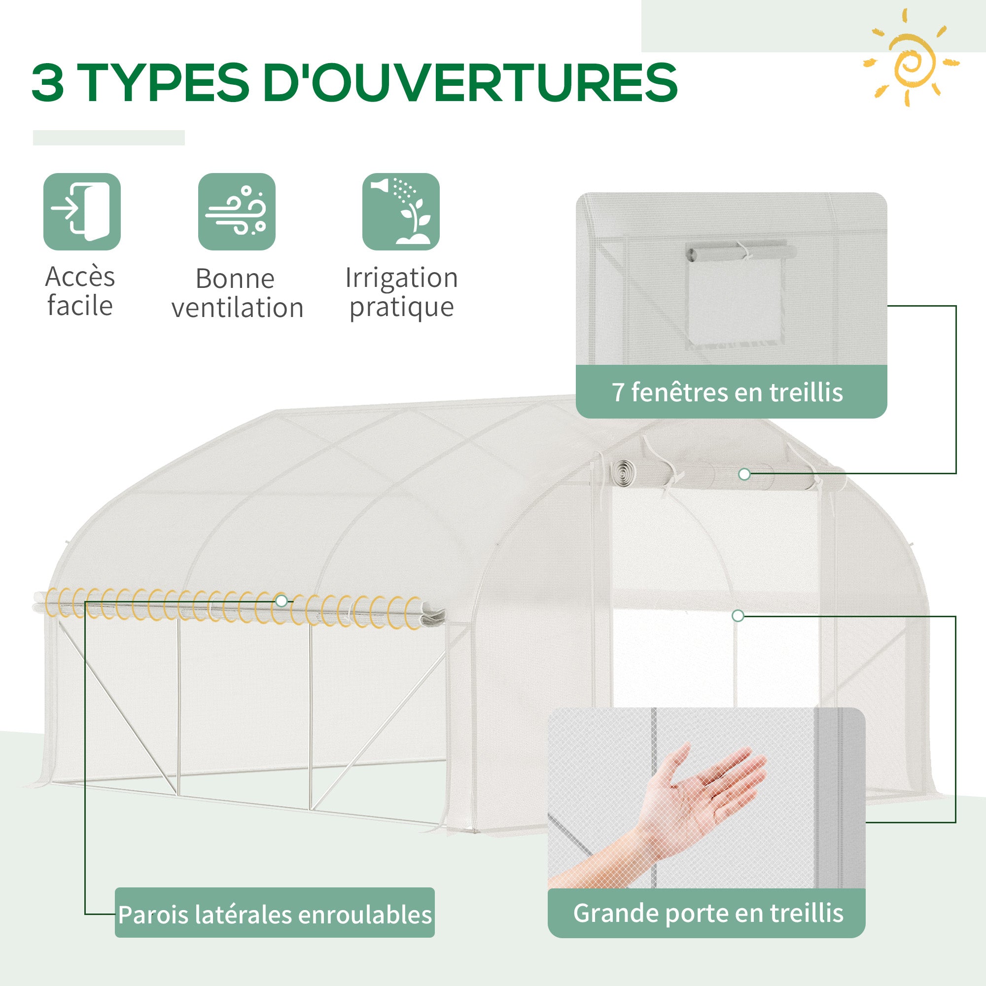 Garden Tunnel Greenhouse, 10.4m², UV-resistant Garden Greenhouse, Roll-up Zipped Door, Mesh Windows, Galvanized Steel Tube and PE 140g/m², 350 x 300 x 200 cm, White