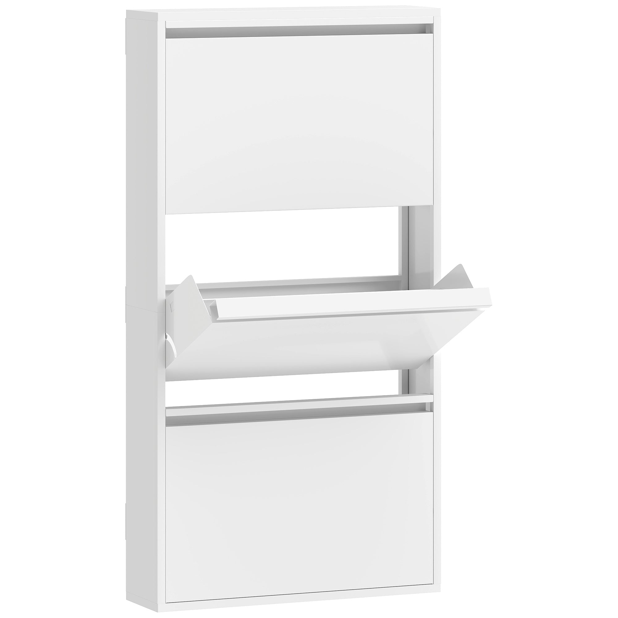 Metal Shoe Cabinet with 3 Flip Drawers — Slim Wall-Mounted Shoe Rack for 6 Pairs, 55 x 15 x 105.5 cm (21.7" x 5.9" x 41.5"), White