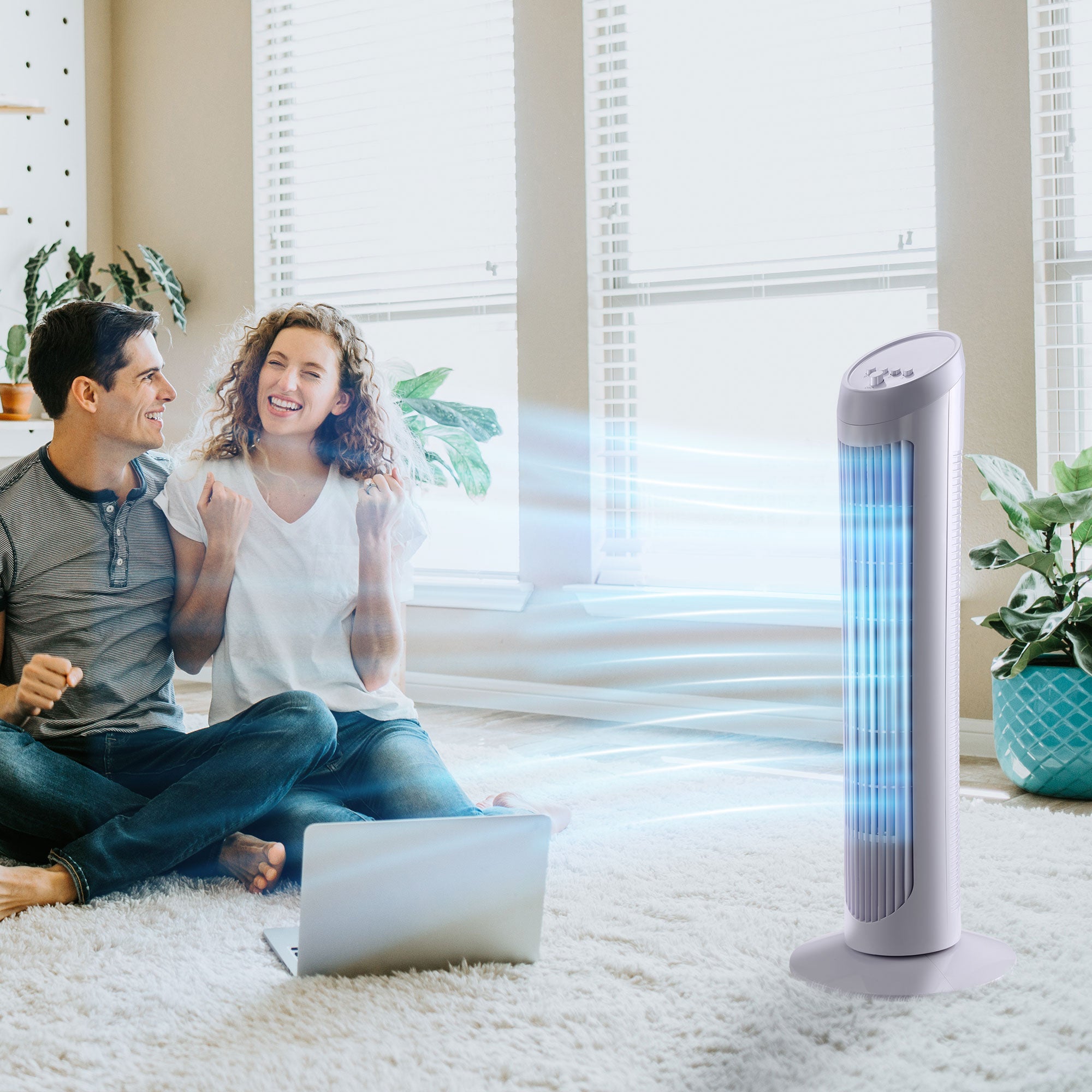 45W Oscillating Tower Fan with 3 Speeds, ABS Plastic Column Fan, 27x27x75 cm, White
