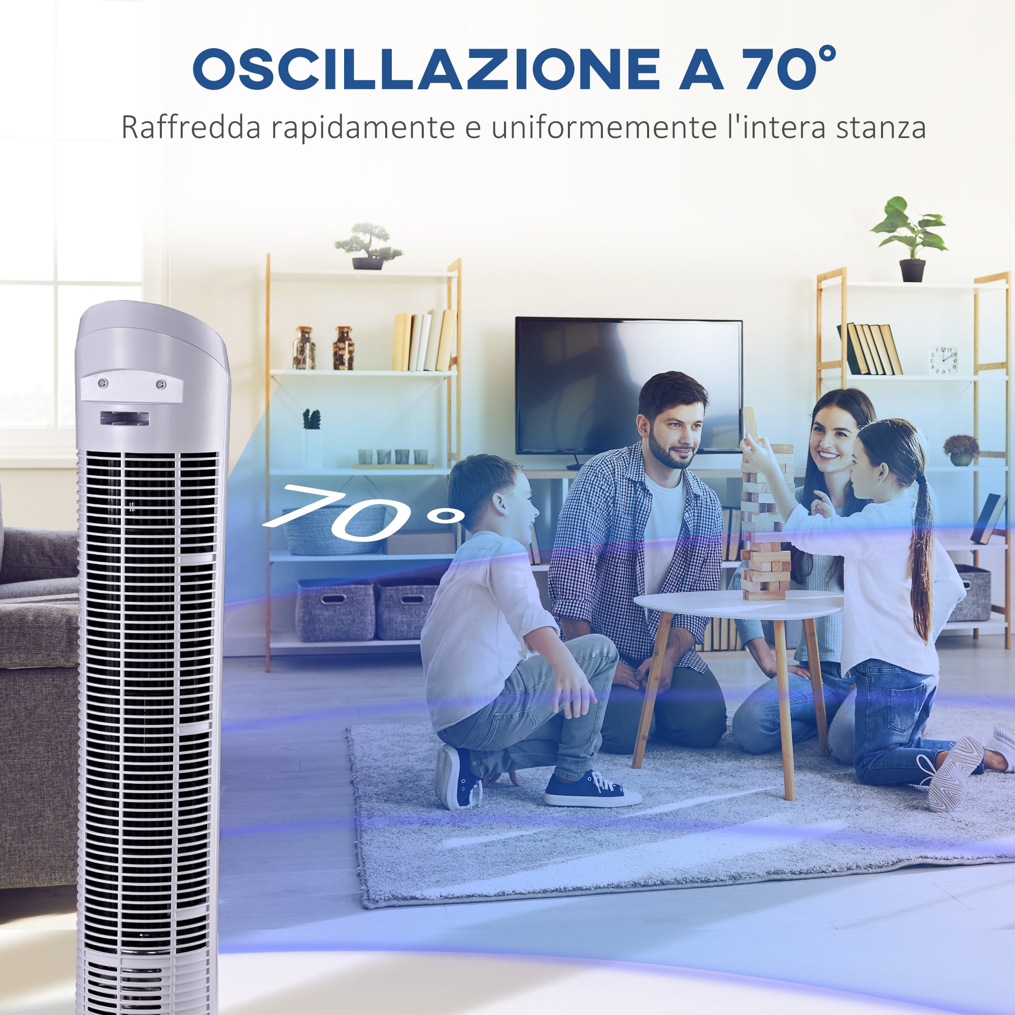 45W Oscillating Tower Fan with 3 Speeds, ABS Plastic Column Fan, 27x27x75 cm, White