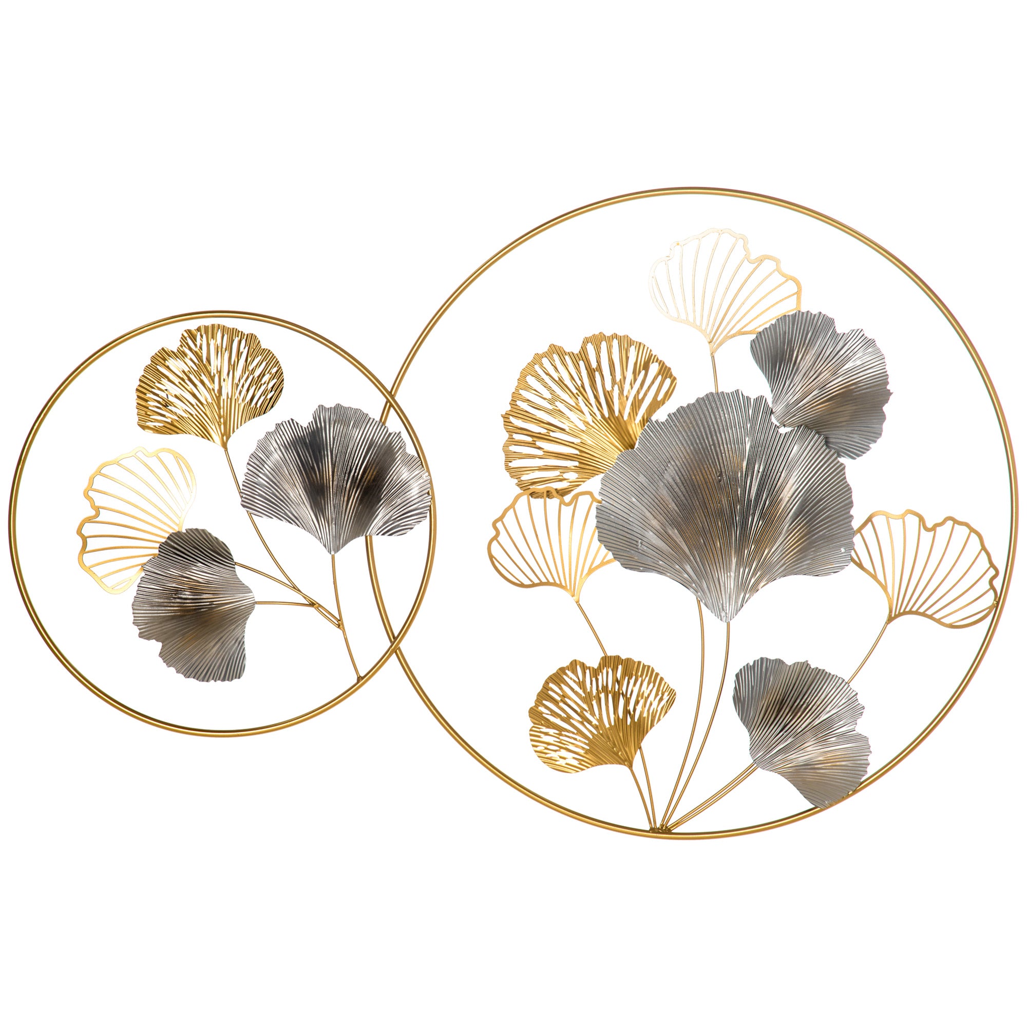3D Metal Wall Decoration, Golden Wall Art with Ginkgo Leaves in two Round Frames, 102x66.2 cm, Gold and Silver