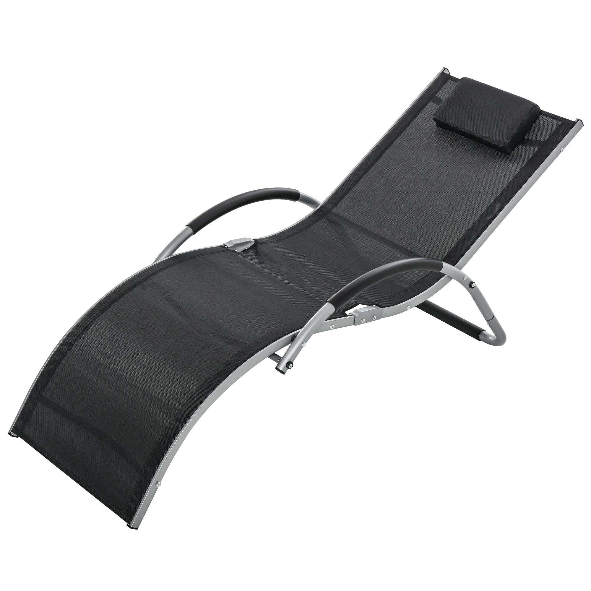 Aluminum Sun Lounger, Black Texteline Garden Deck Chair with Removable Headrest 160x60x65cm