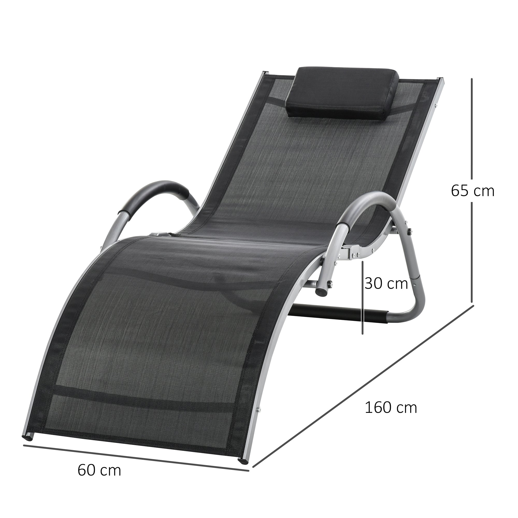 Aluminum Sun Lounger, Black Texteline Garden Deck Chair with Removable Headrest 160x60x65cm