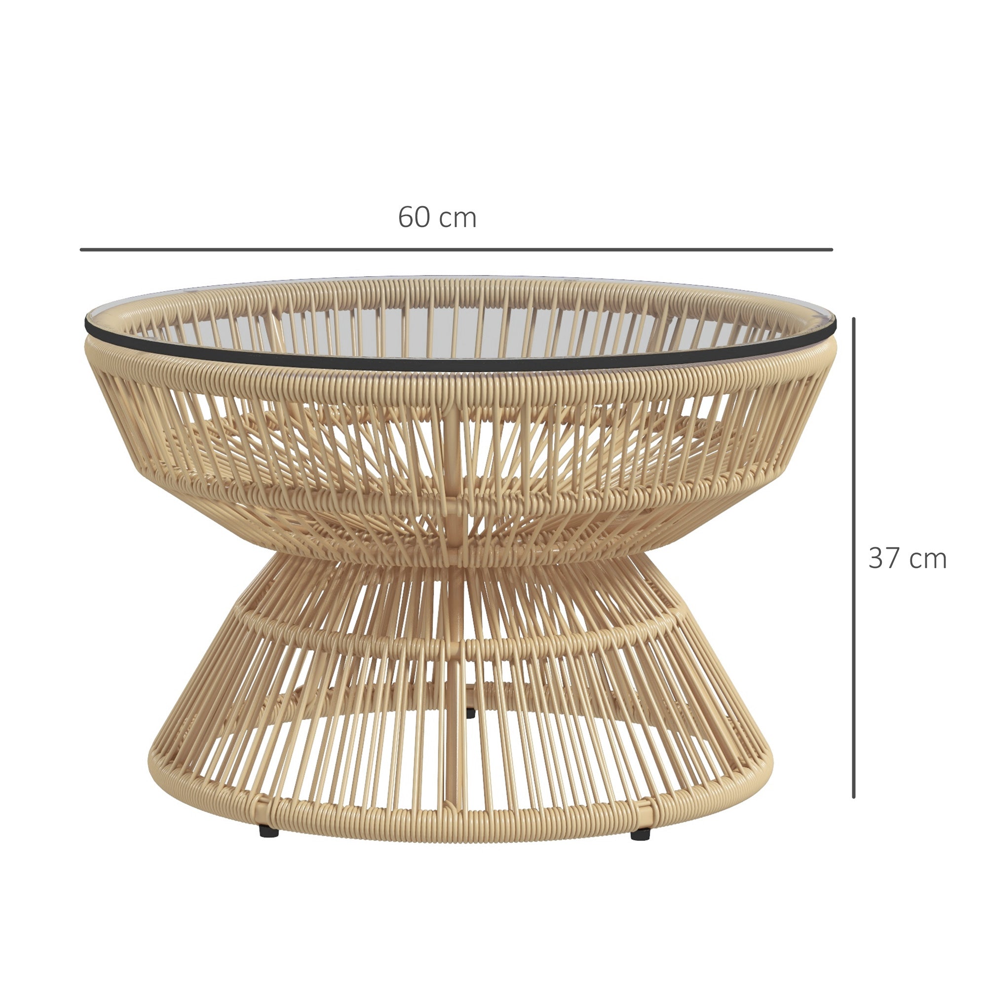 Round Garden Coffee Table, Resin Wicker Rattan-Look Side Table with Tempered Glass Top Ø60 x 37H cm Natural