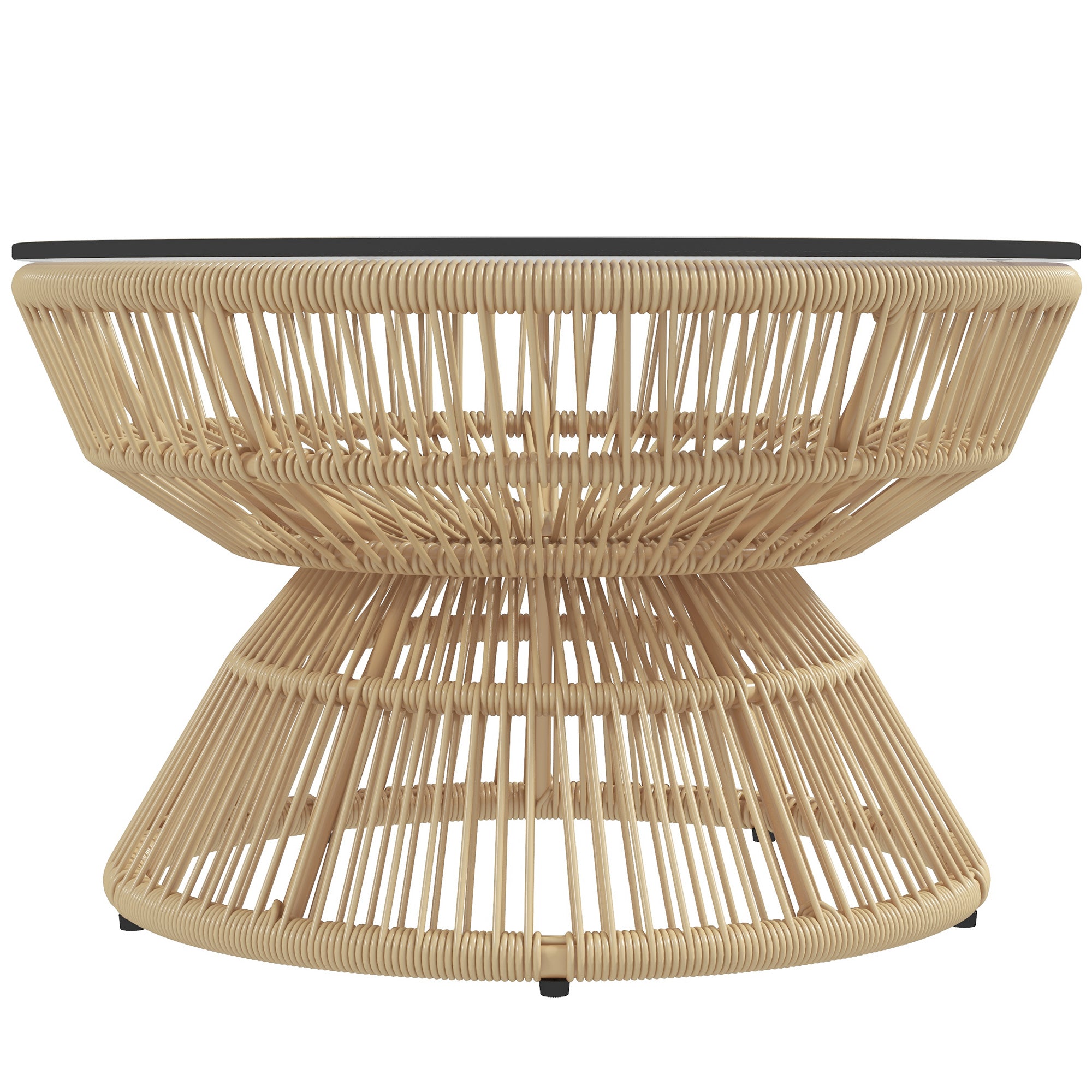 Round Garden Coffee Table, Resin Wicker Rattan-Look Side Table with Tempered Glass Top Ø60 x 37H cm Natural