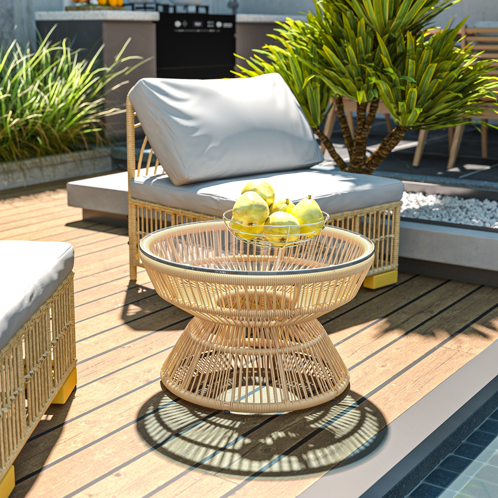 Round Garden Coffee Table, Resin Wicker Rattan-Look Side Table with Tempered Glass Top Ø60 x 37H cm Natural