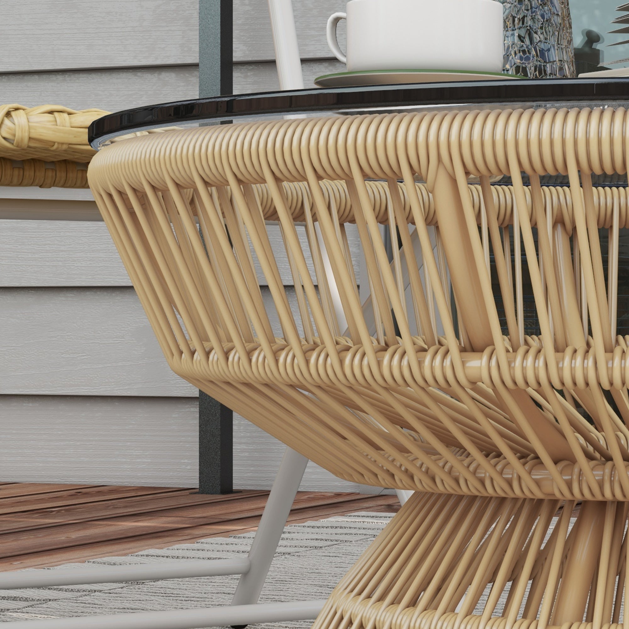 Round Garden Coffee Table, Resin Wicker Rattan-Look Side Table with Tempered Glass Top Ø60 x 37H cm Natural
