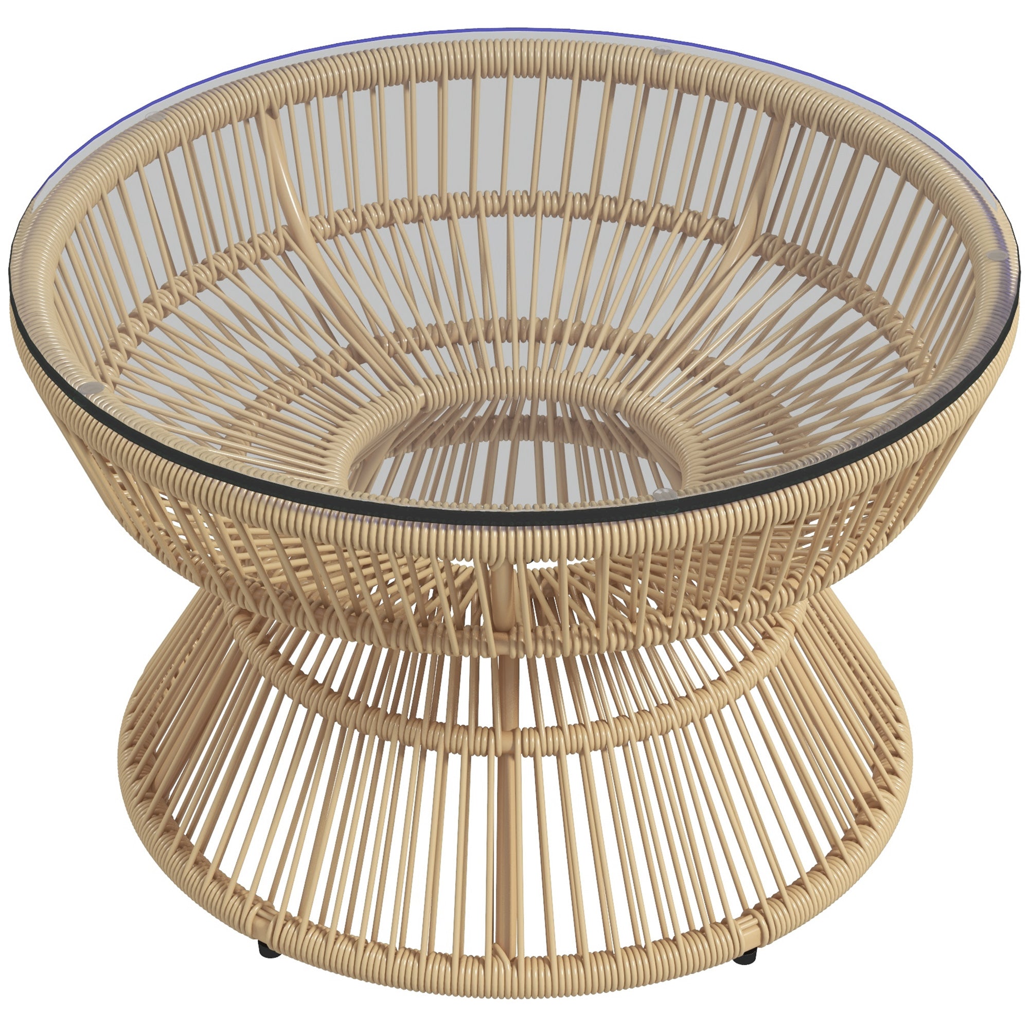 Round Garden Coffee Table, Resin Wicker Rattan-Look Side Table with Tempered Glass Top Ø60 x 37H cm Natural