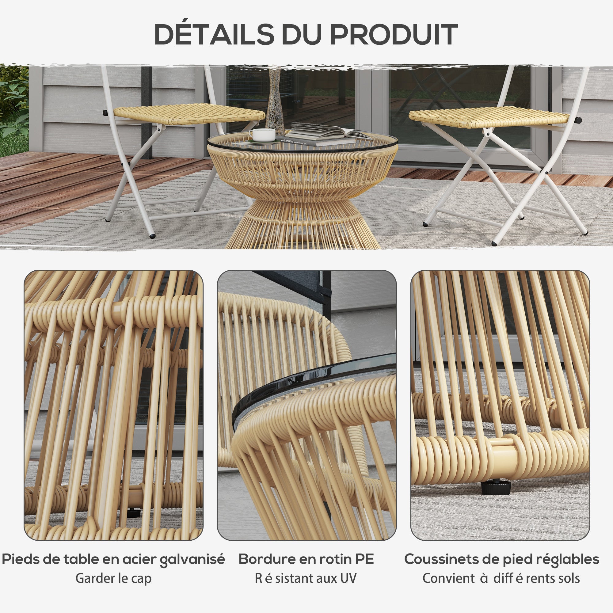Round Garden Coffee Table, Resin Wicker Rattan-Look Side Table with Tempered Glass Top Ø60 x 37H cm Natural