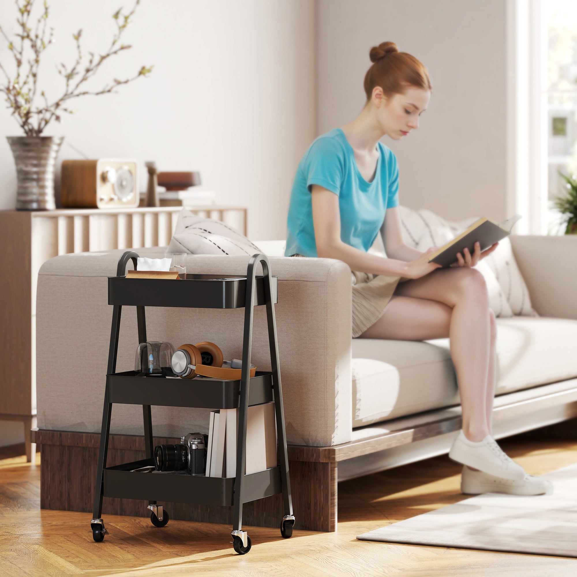 Serving Trolley with 3 Levels Kitchen Cart with Wheels Handle Rolling Cart with Brake Kitchen Shelf Kitchen Trolley All-Purpose Cart for Kitchen Office Bathroom, Black