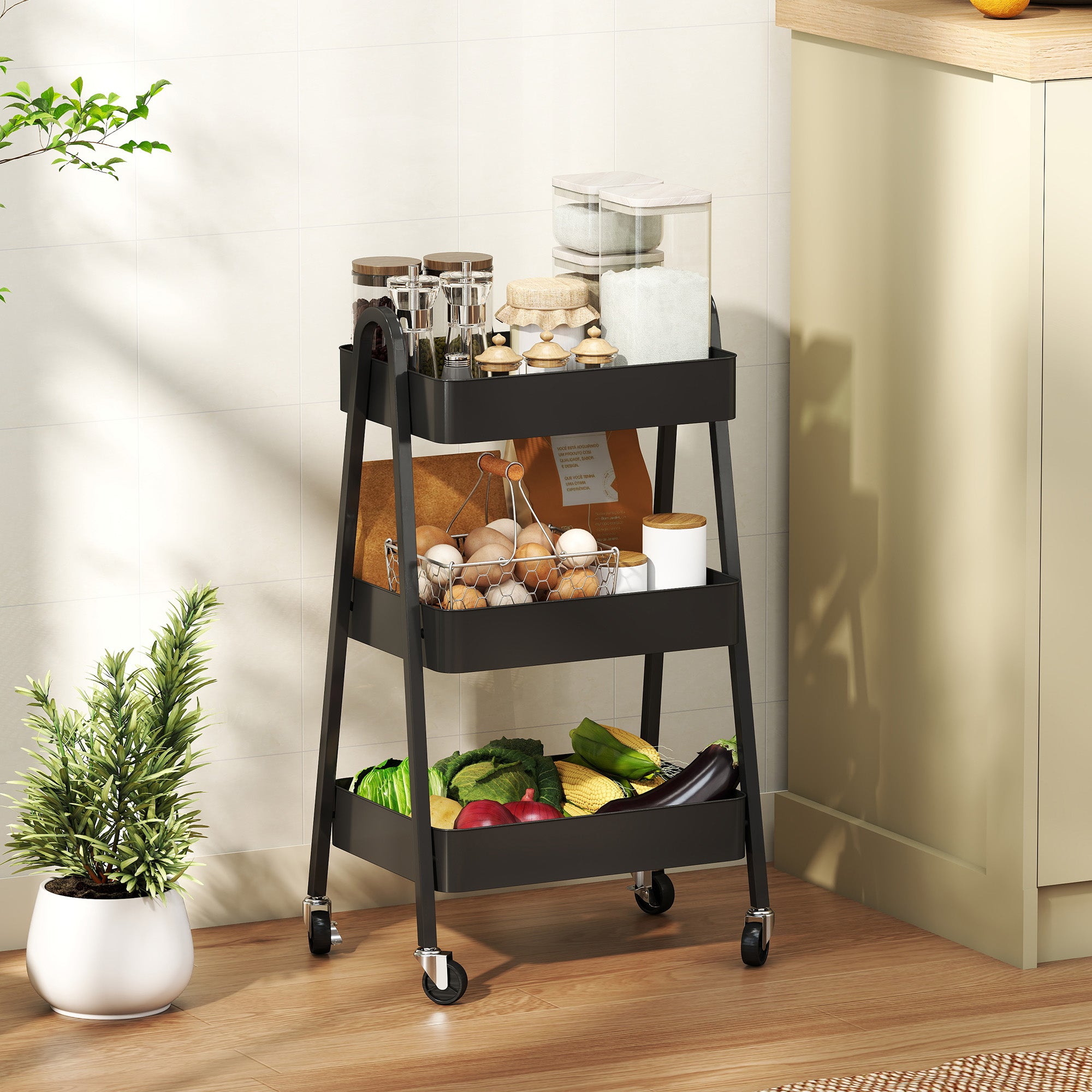 Serving Trolley with 3 Levels Kitchen Cart with Wheels Handle Rolling Cart with Brake Kitchen Shelf Kitchen Trolley All-Purpose Cart for Kitchen Office Bathroom, Black