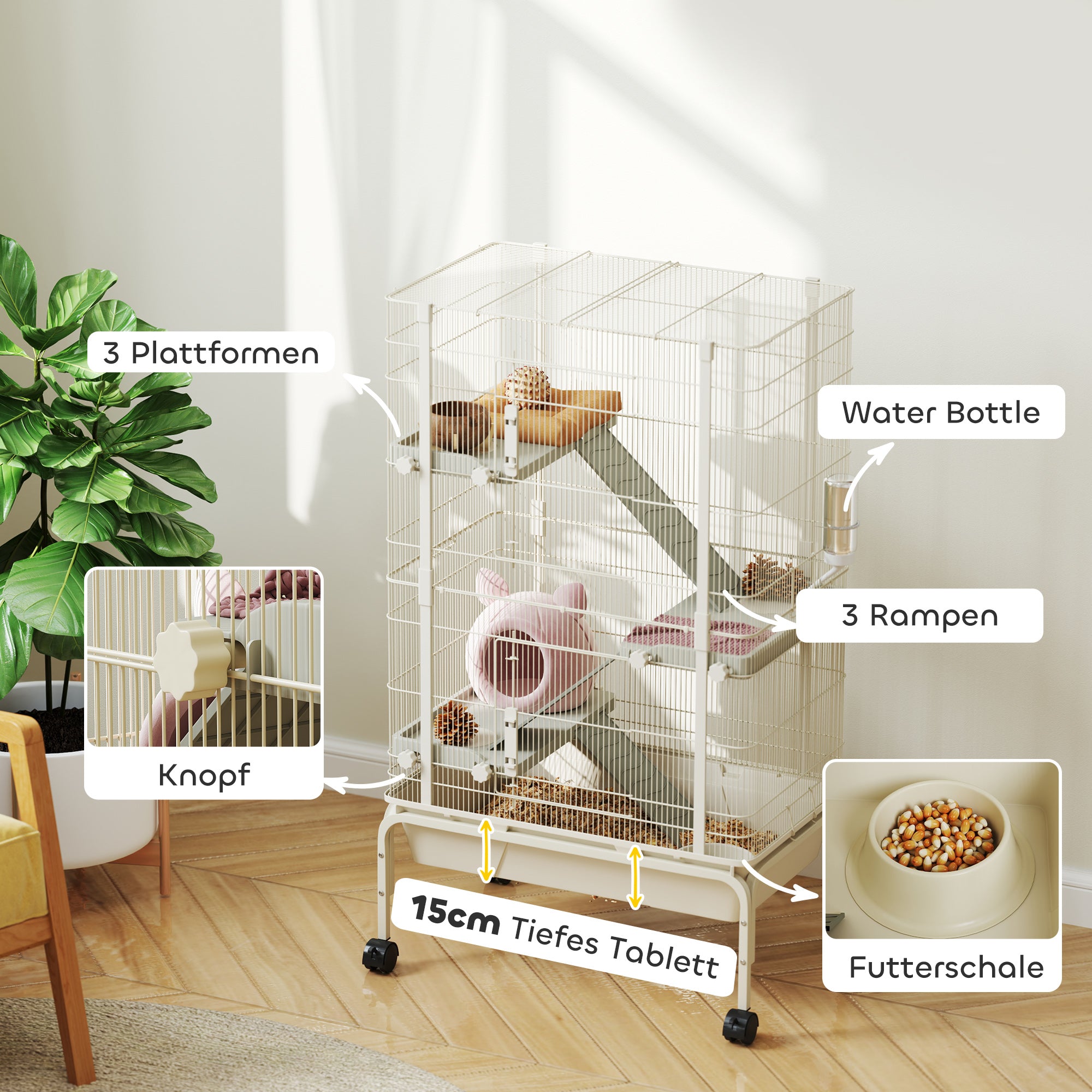 Outdoor Enclosure Small Animal Cage with 3 Ramps, Pull-Out Tray Small Animal Cage with Feeding Bowl, Water Bottle Enclosure for Small Animals, Hamster, Chinchilla, Squirrel, 69 x 44 x 120 cm Beige