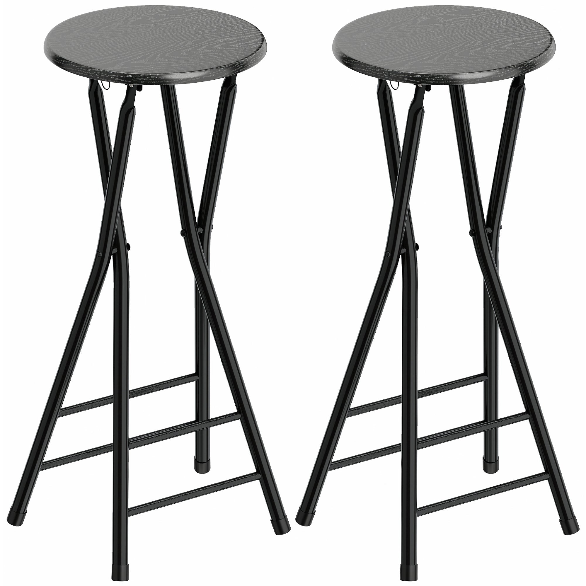Set of 2 Folding Bar Stools, Round High Kitchen Counter Stools with Dual Footrests, Wood & Steel Frame, Black