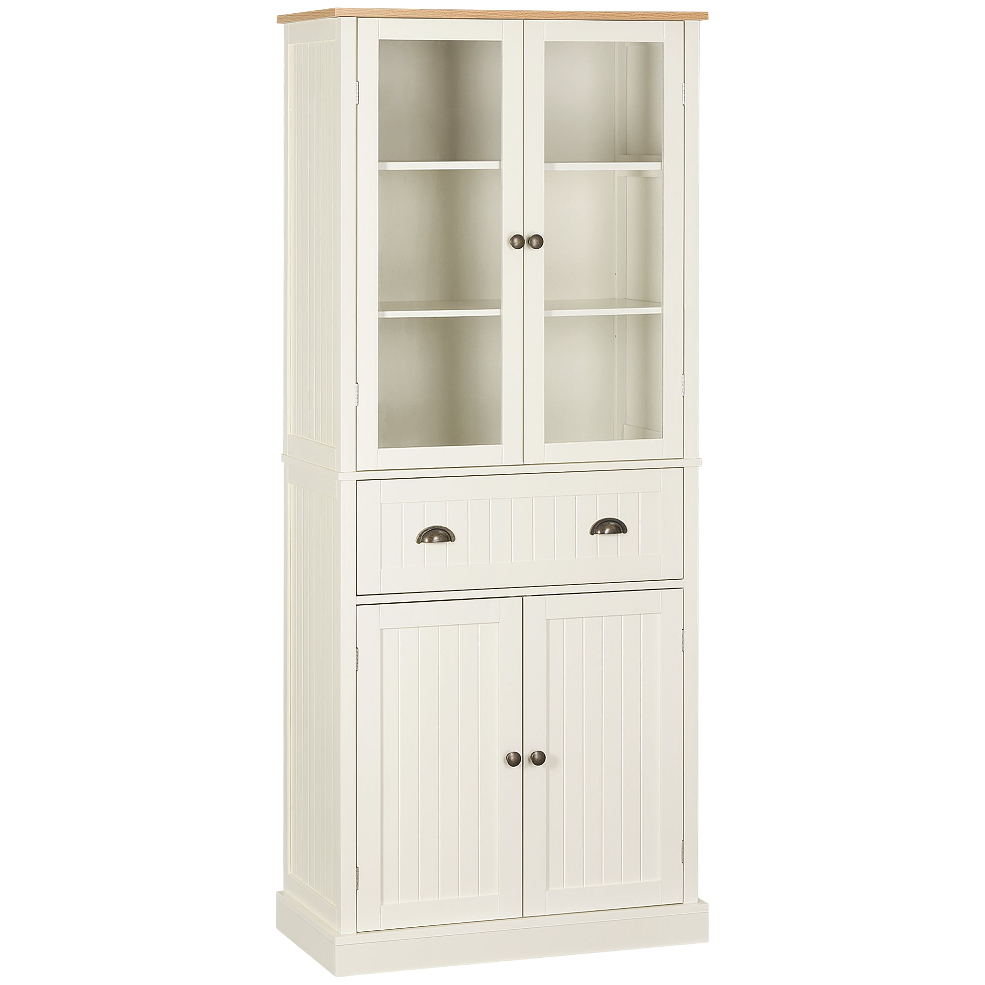 Kitchen Pantry Cabinet Kitchen Cabinet with 2 Glass Doors, 1 Drawer, and Adjustable Shelves Sideboard for Dining Room Living Room 76x40x182.5 cm Cream
