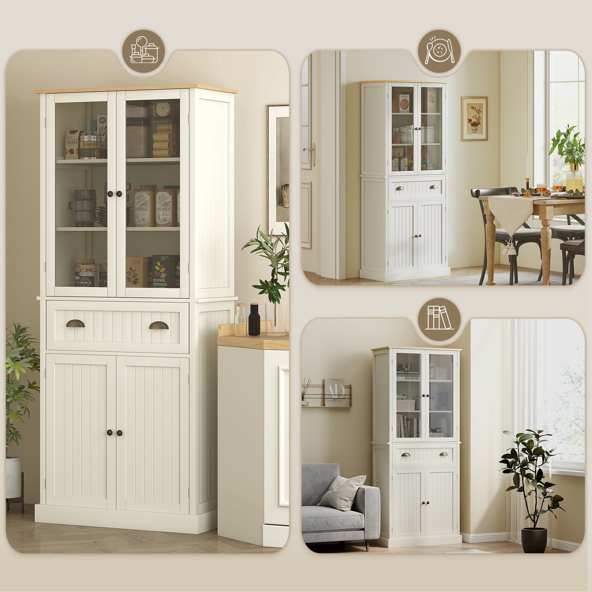 Kitchen Pantry Cabinet Kitchen Cabinet with 2 Glass Doors, 1 Drawer, and Adjustable Shelves Sideboard for Dining Room Living Room 76x40x182.5 cm Cream