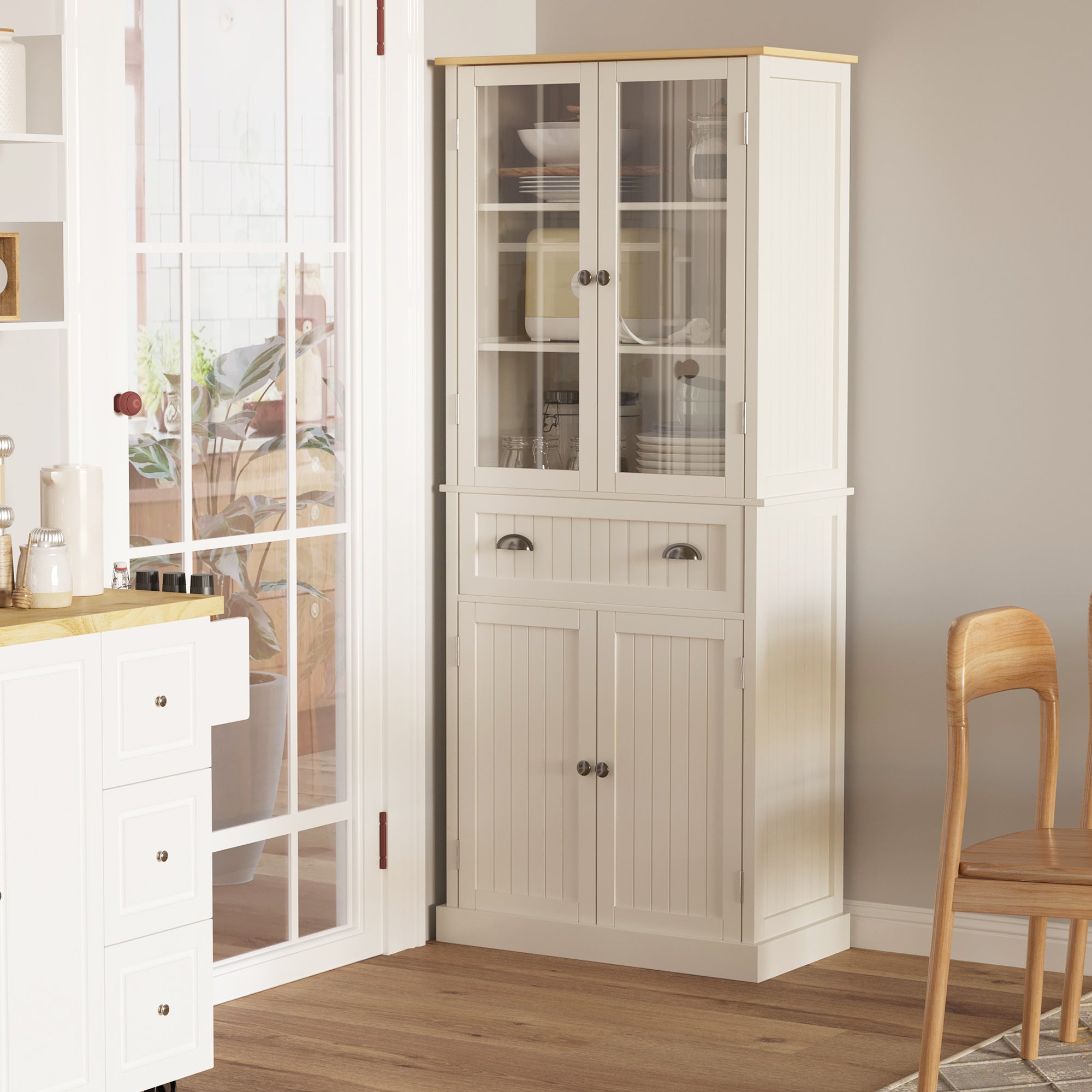 Kitchen Pantry Cabinet Kitchen Cabinet with 2 Glass Doors, 1 Drawer, and Adjustable Shelves Sideboard for Dining Room Living Room 76x40x182.5 cm Cream