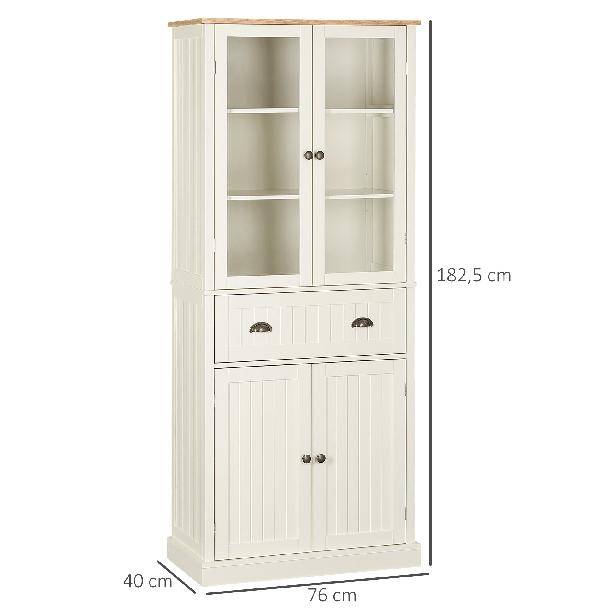 Kitchen Pantry Cabinet Kitchen Cabinet with 2 Glass Doors, 1 Drawer, and Adjustable Shelves Sideboard for Dining Room Living Room 76x40x182.5 cm Cream
