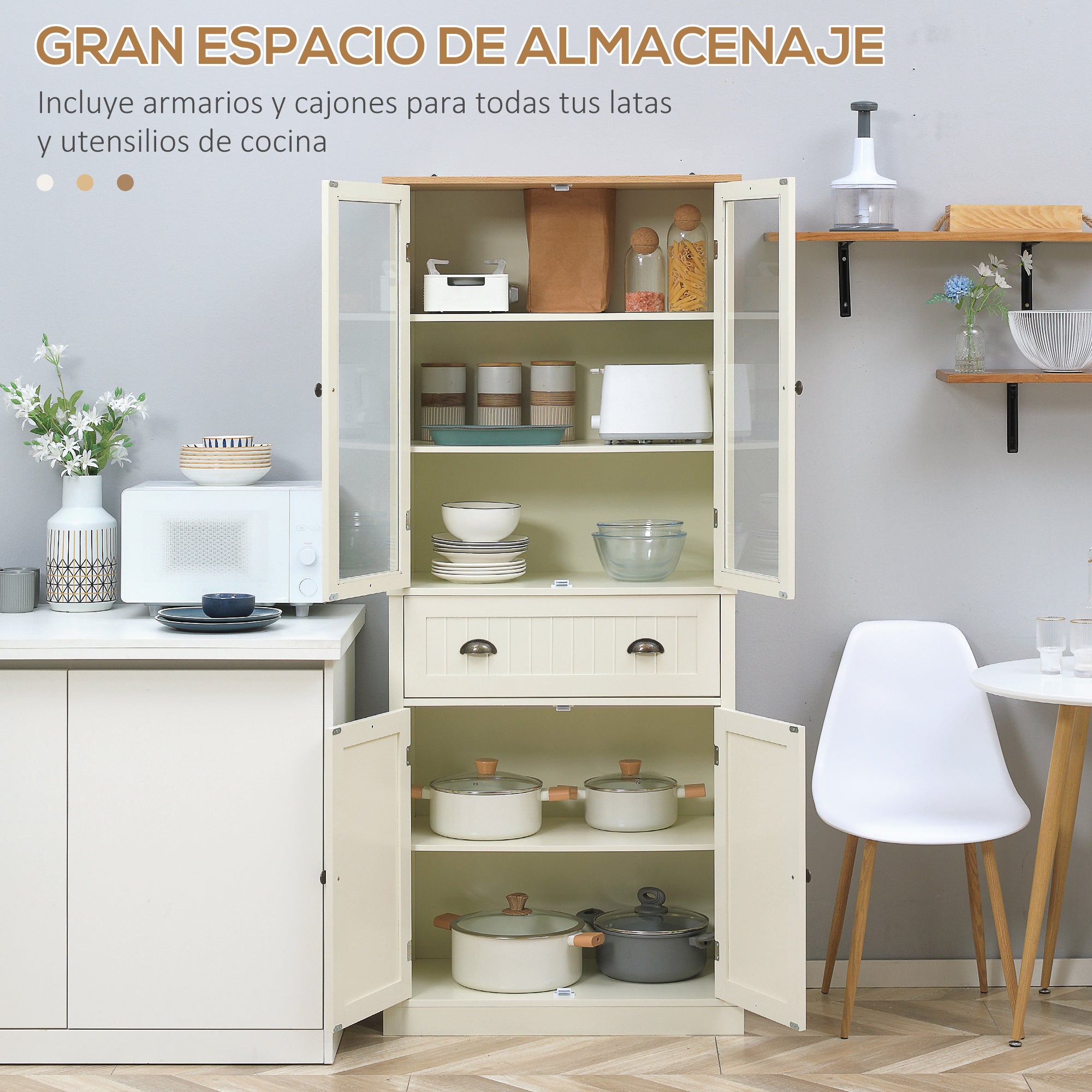 Kitchen Pantry Cabinet Kitchen Cabinet with 2 Glass Doors, 1 Drawer, and Adjustable Shelves Sideboard for Dining Room Living Room 76x40x182.5 cm Cream