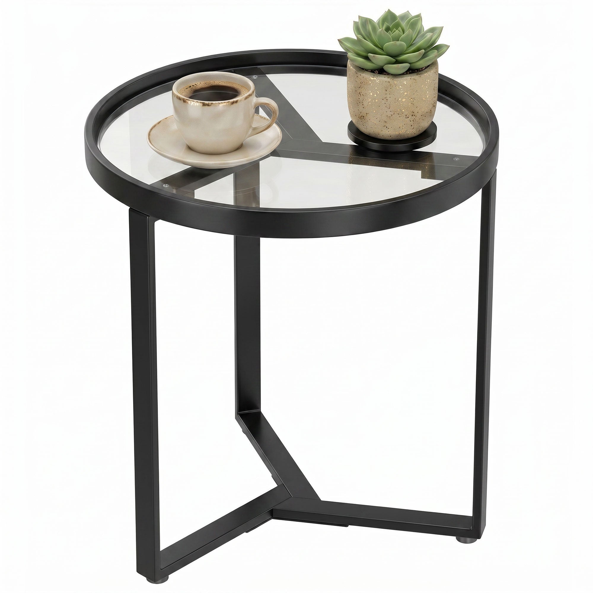 Round Glass Side Table with Geometric Metal Frame, Modern Accent Table for Small Spaces, Living Room & Bedroom, Black