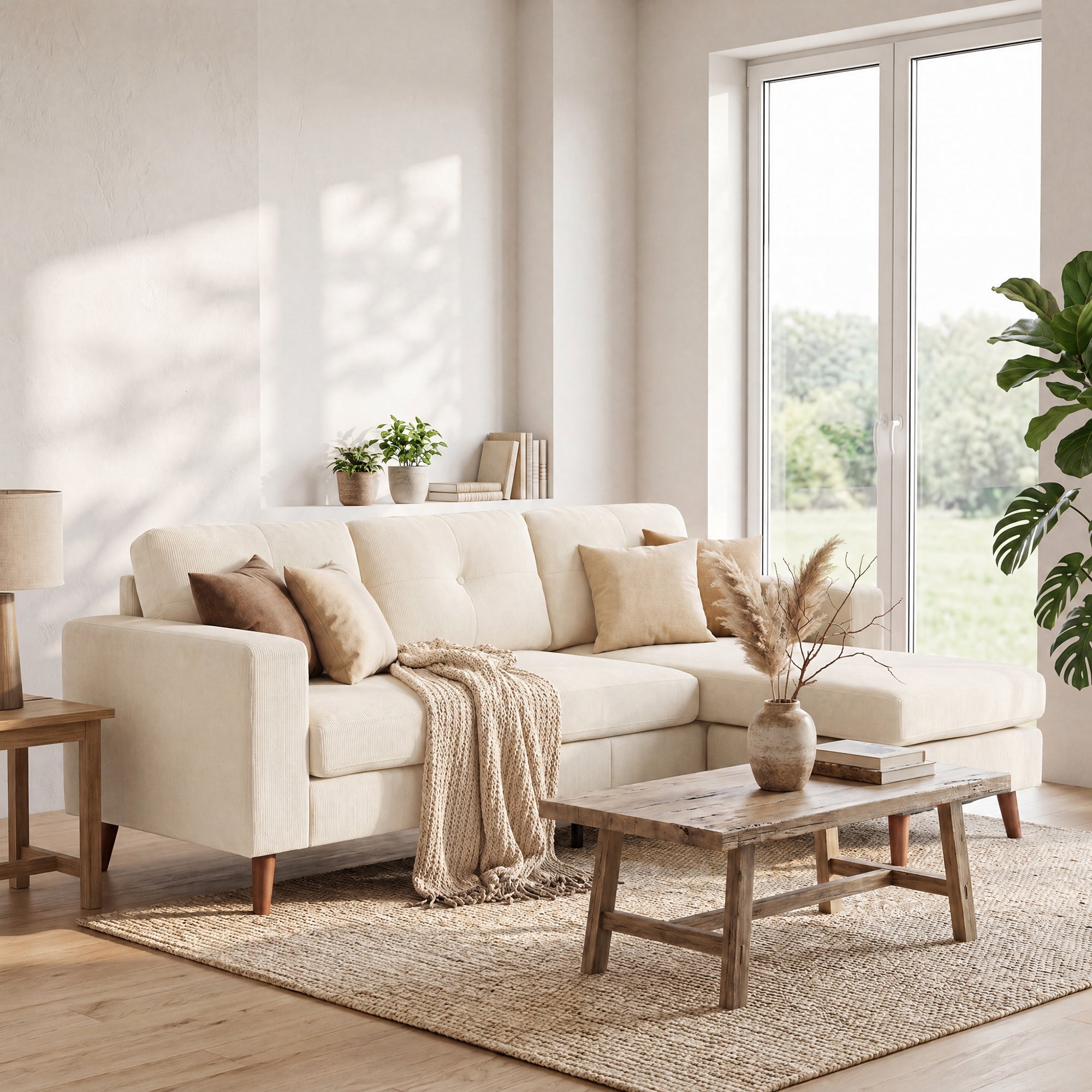 3-Seater L-Shape Corner Sofa with Reversible Chaise, Cord-Look Upholstery — Cream White (76" x 54" x 33")