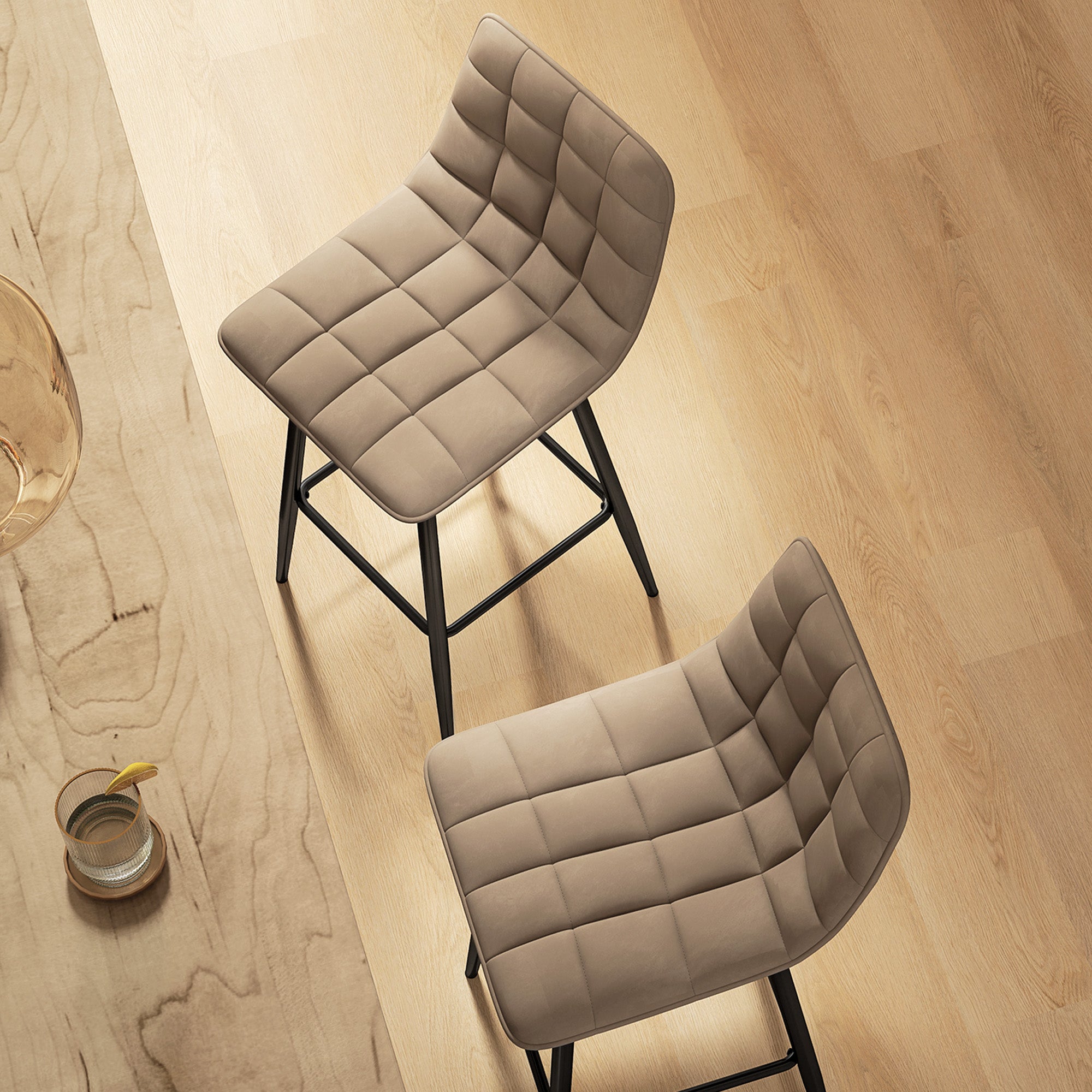 Set of 2 Nordic Style High Stools with Backrest and Footrest, Velvet Effect Fabric and Metal Stools, 45x47x84 cm, Brown