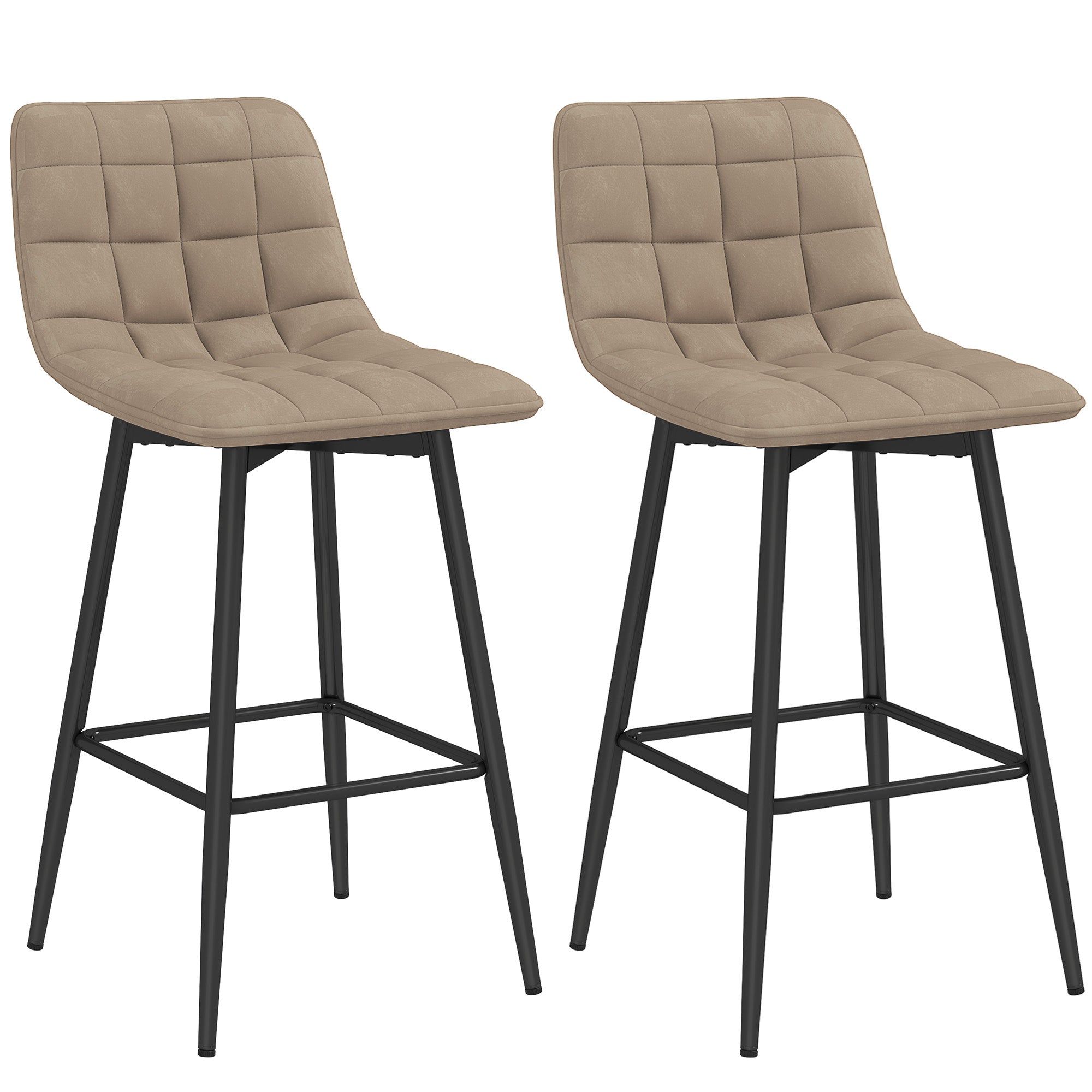 Set of 2 Nordic Style High Stools with Backrest and Footrest, Velvet Effect Fabric and Metal Stools, 45x47x84 cm, Brown