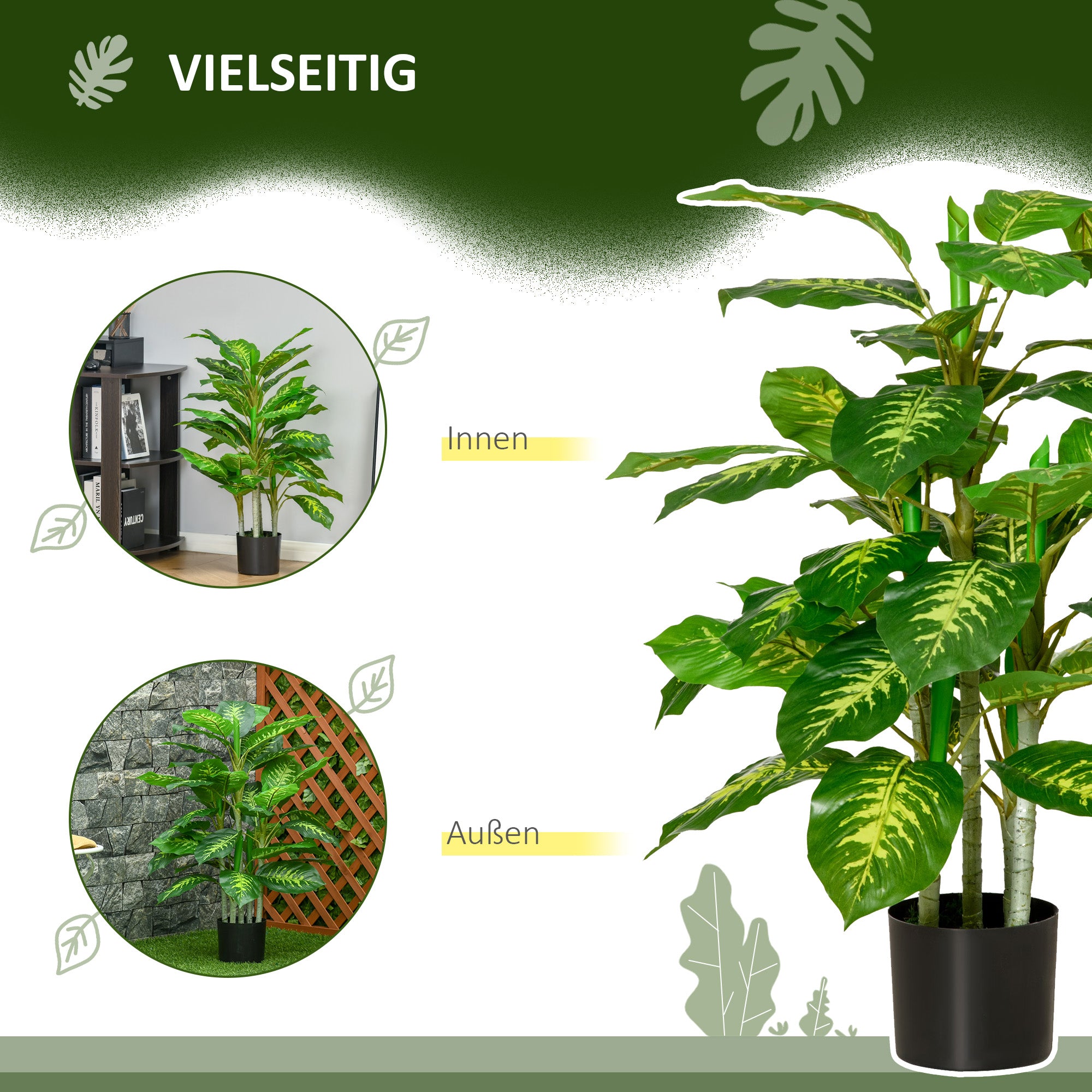 Large Artificial Dieffenbachia 95 cm Fake Plant, Artificial Dieffenbachia Plant in Pot, Artificial Tree with Artificial Grass for Living Room Bedroom Decor Garden