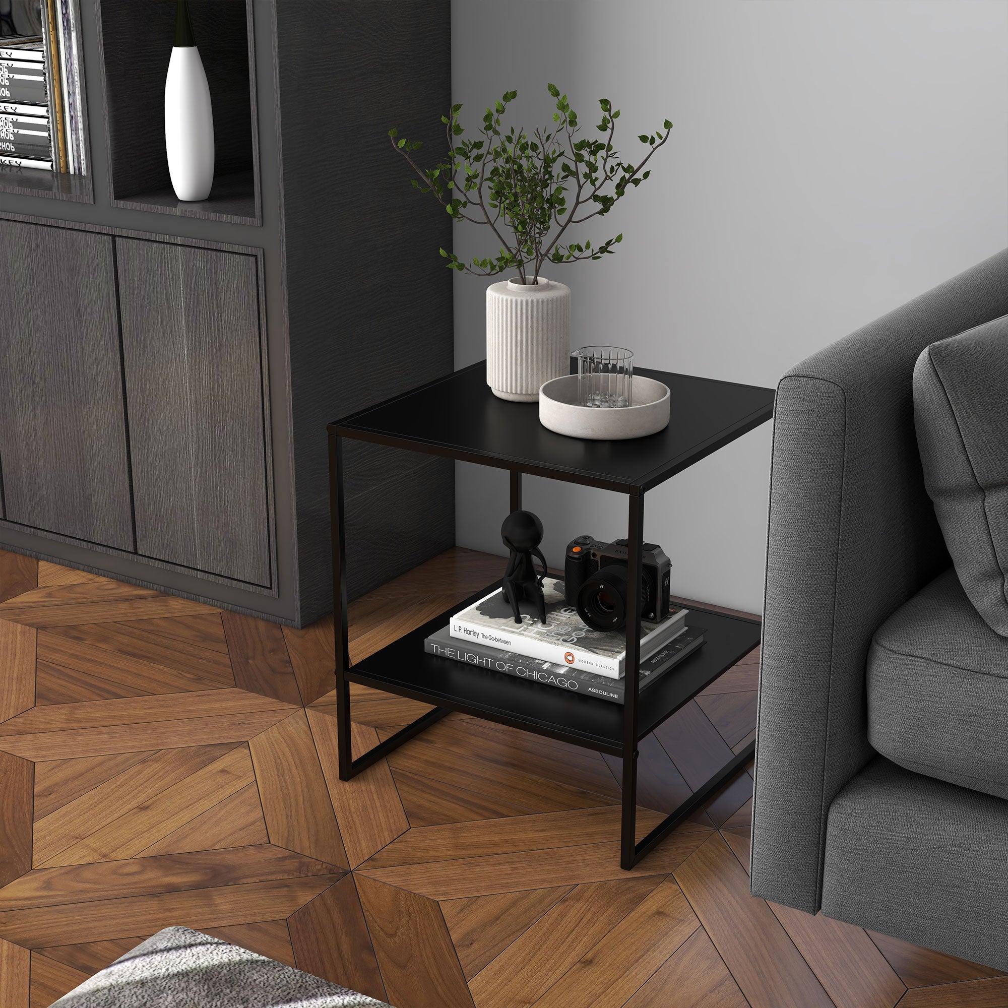 Side Table Coffee Table with Storage, Coffee Table with Steel Frame, Nightstand for Living Room, Bedroom, Black, 40 x 40 x 45 cm