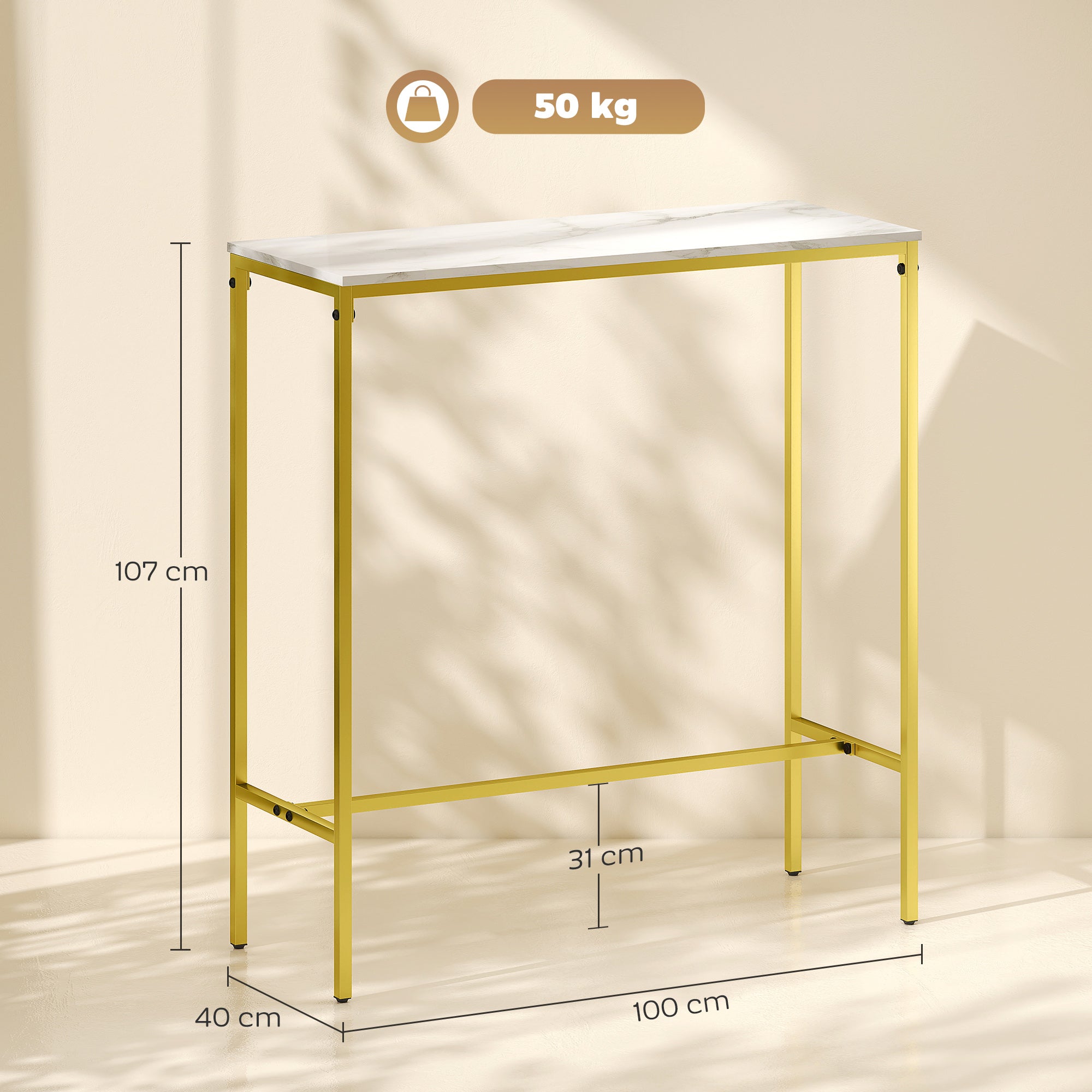 Rectangular High Bar Table with Marble Effect Top and Steel Frame, for Dining Room and Kitchen, 100 x 40 x 107 cm, Gold
