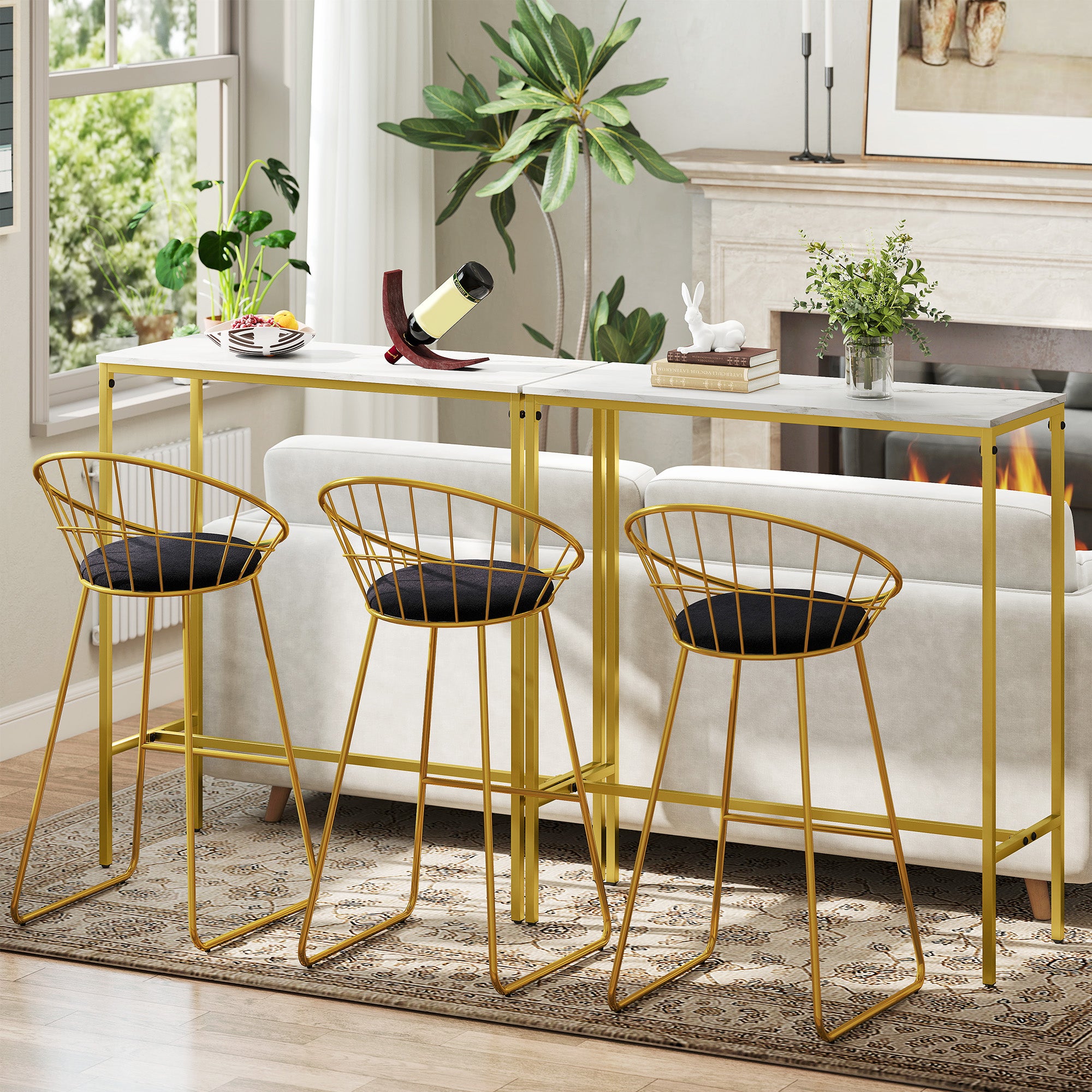 Rectangular High Bar Table with Marble Effect Top and Steel Frame, for Dining Room and Kitchen, 100 x 40 x 107 cm, Gold
