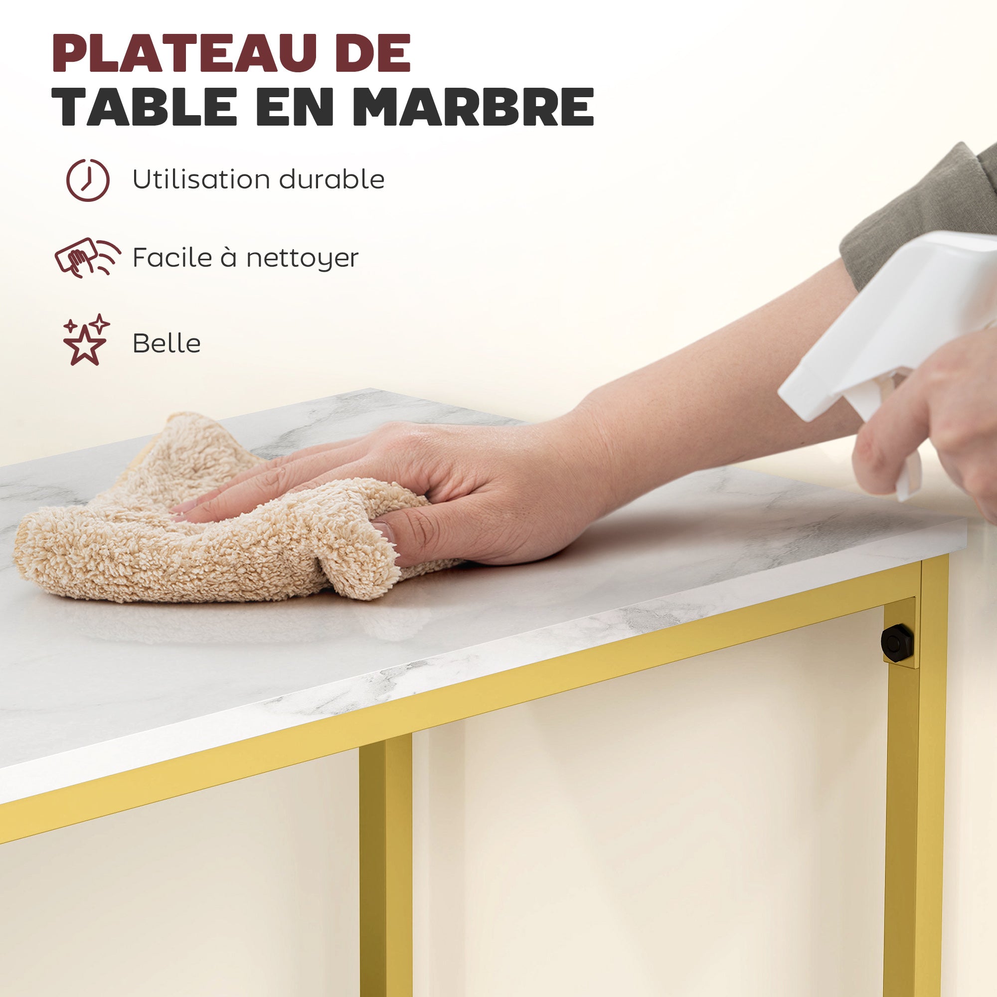 Rectangular High Bar Table with Marble Effect Top and Steel Frame, for Dining Room and Kitchen, 100 x 40 x 107 cm, Gold