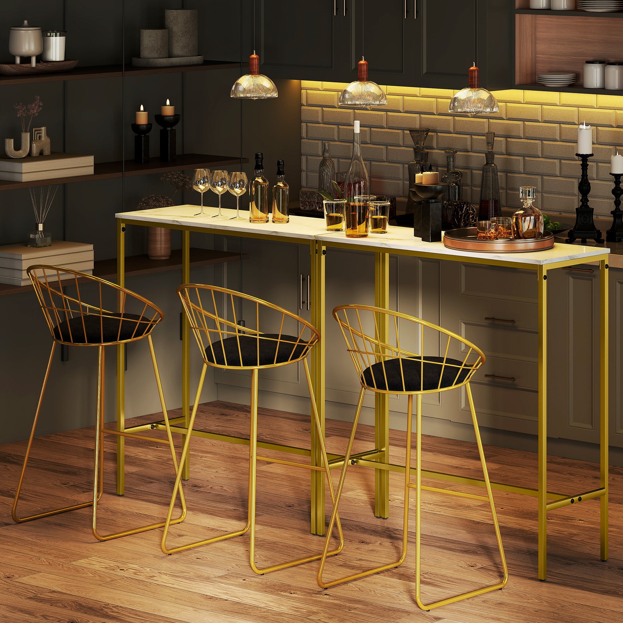 Rectangular High Bar Table with Marble Effect Top and Steel Frame, for Dining Room and Kitchen, 100 x 40 x 107 cm, Gold