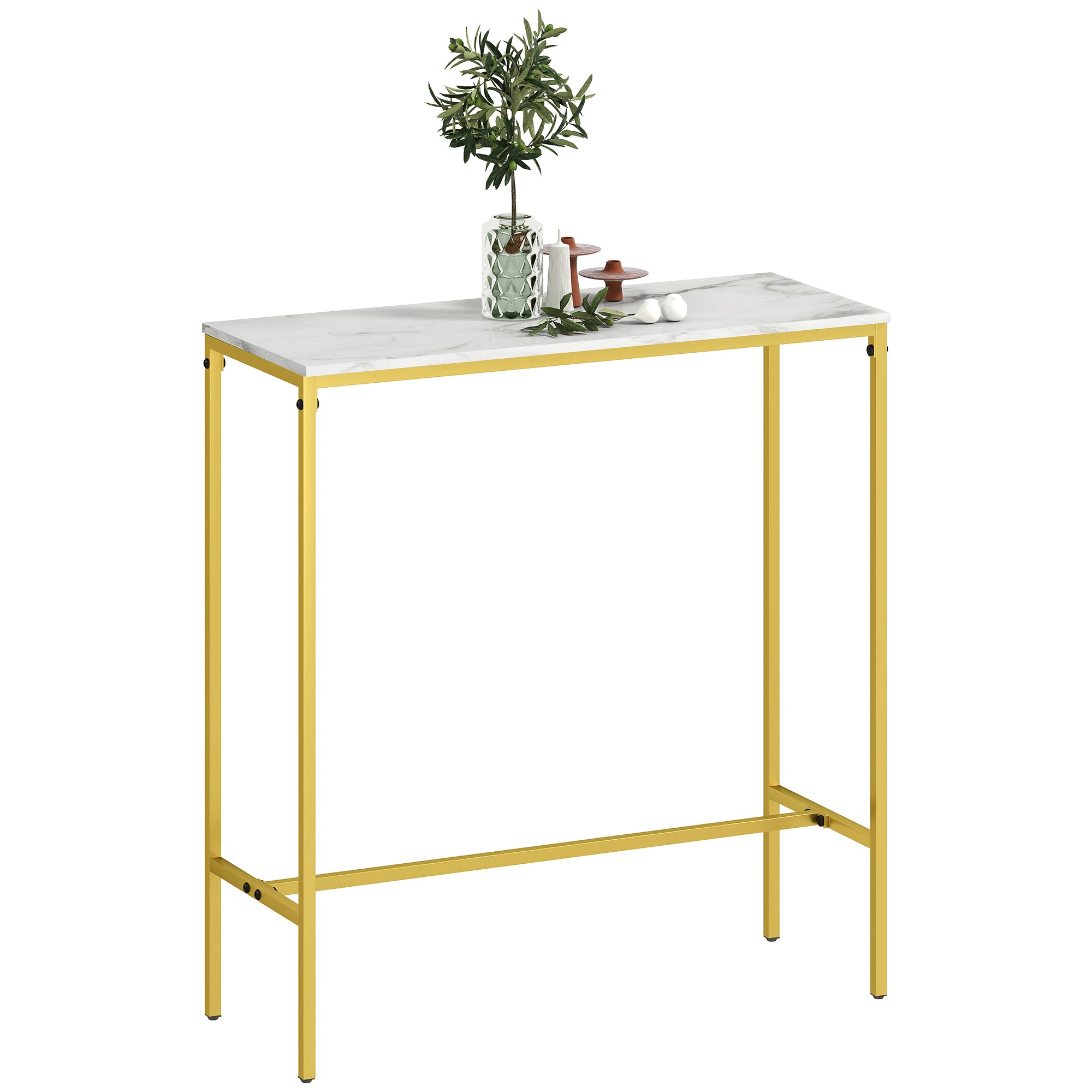 Rectangular High Bar Table with Marble Effect Top and Steel Frame, for Dining Room and Kitchen, 100 x 40 x 107 cm, Gold
