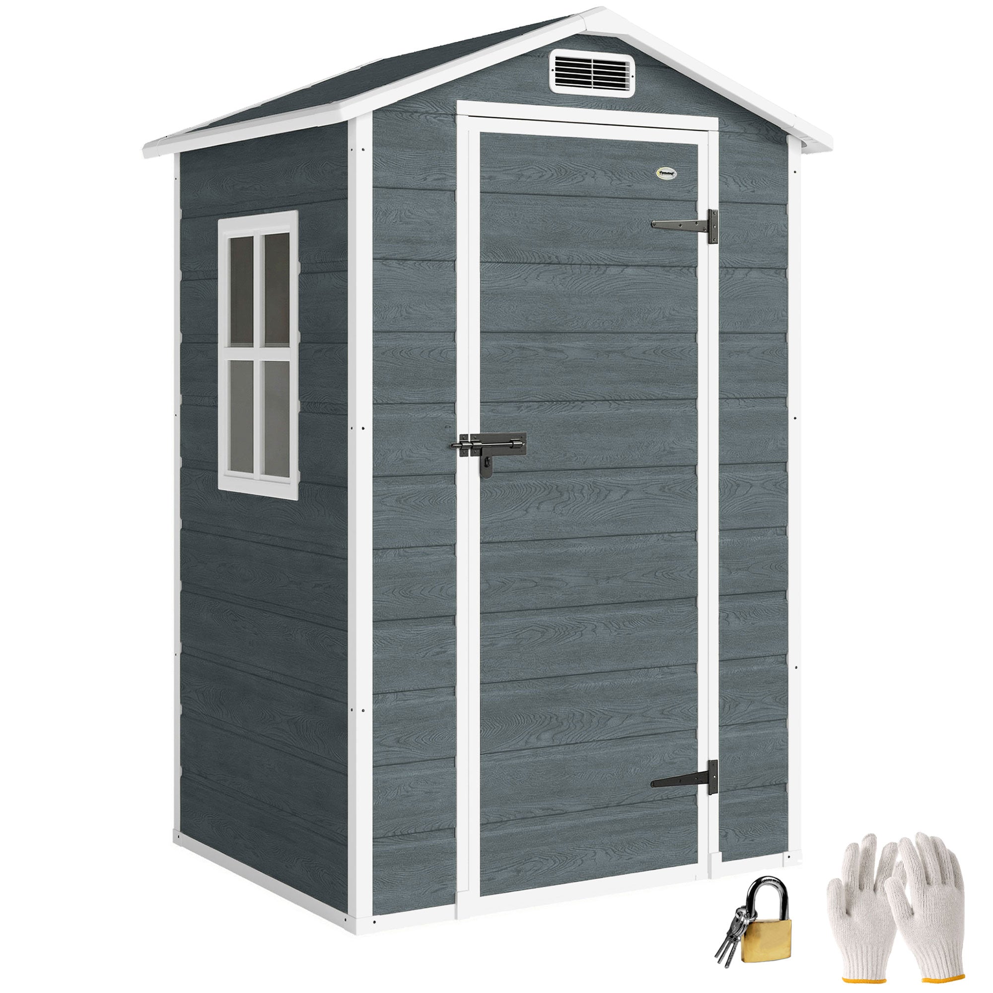 Wood-Effect Resin Garden Shed with Floor & Window, 128 x 104 x 196 cm (50.4 x 40.9 x 77.2 in) — Weathered Gray