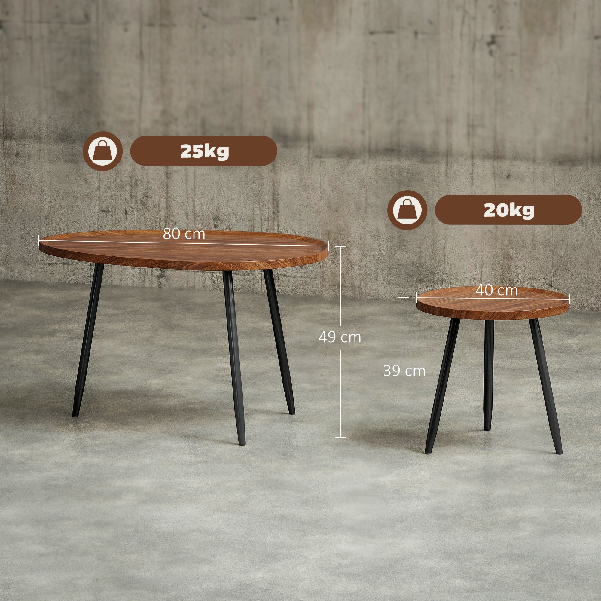 Set of 2 Stackable Side Tables Nesting Coffee Tables Modern Style with Metal Frame for Living Room Bedroom Office 80x55x49 cm and Ø40x39 cm Wood Effect and Black