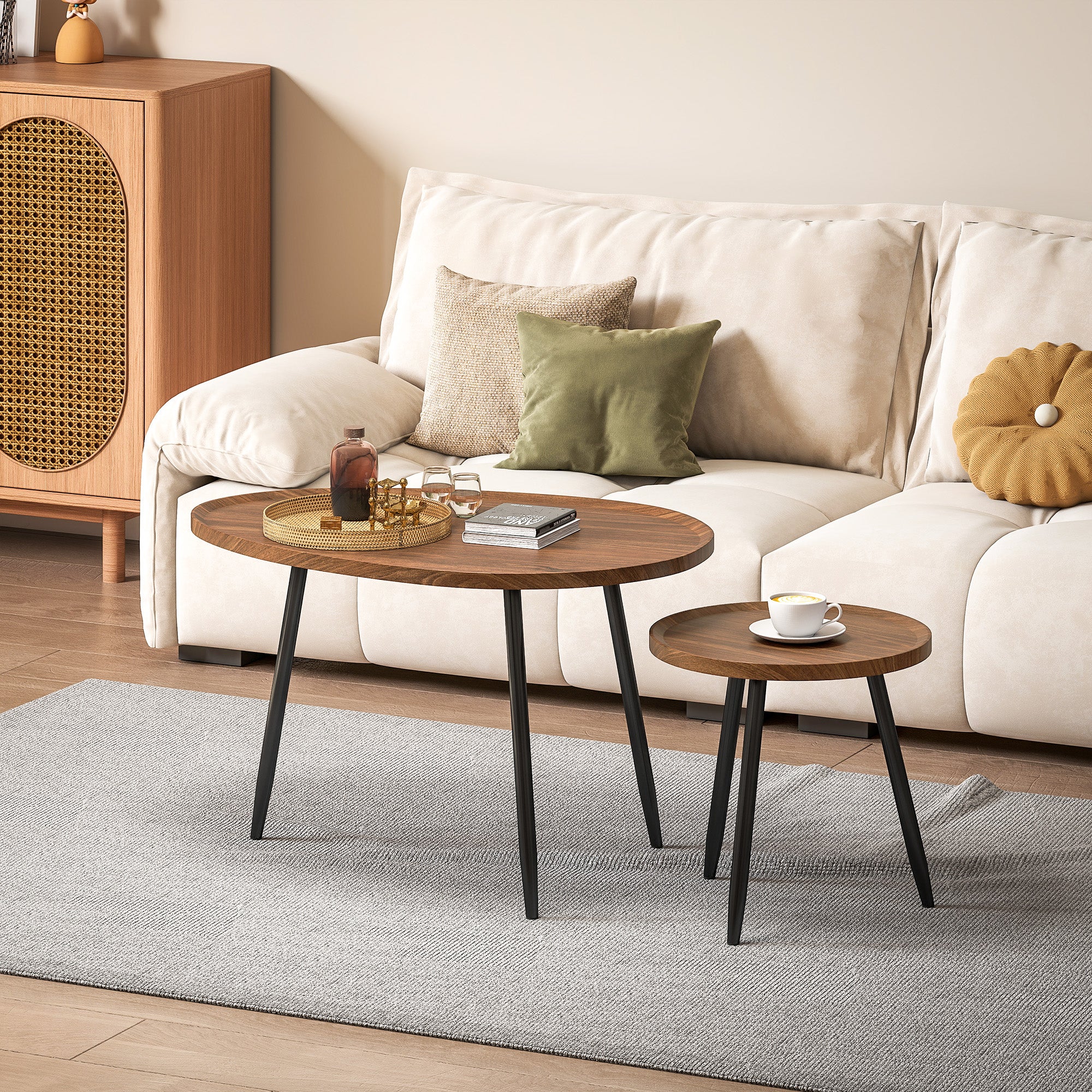 Set of 2 Stackable Side Tables Nesting Coffee Tables Modern Style with Metal Frame for Living Room Bedroom Office 80x55x49 cm and Ø40x39 cm Wood Effect and Black