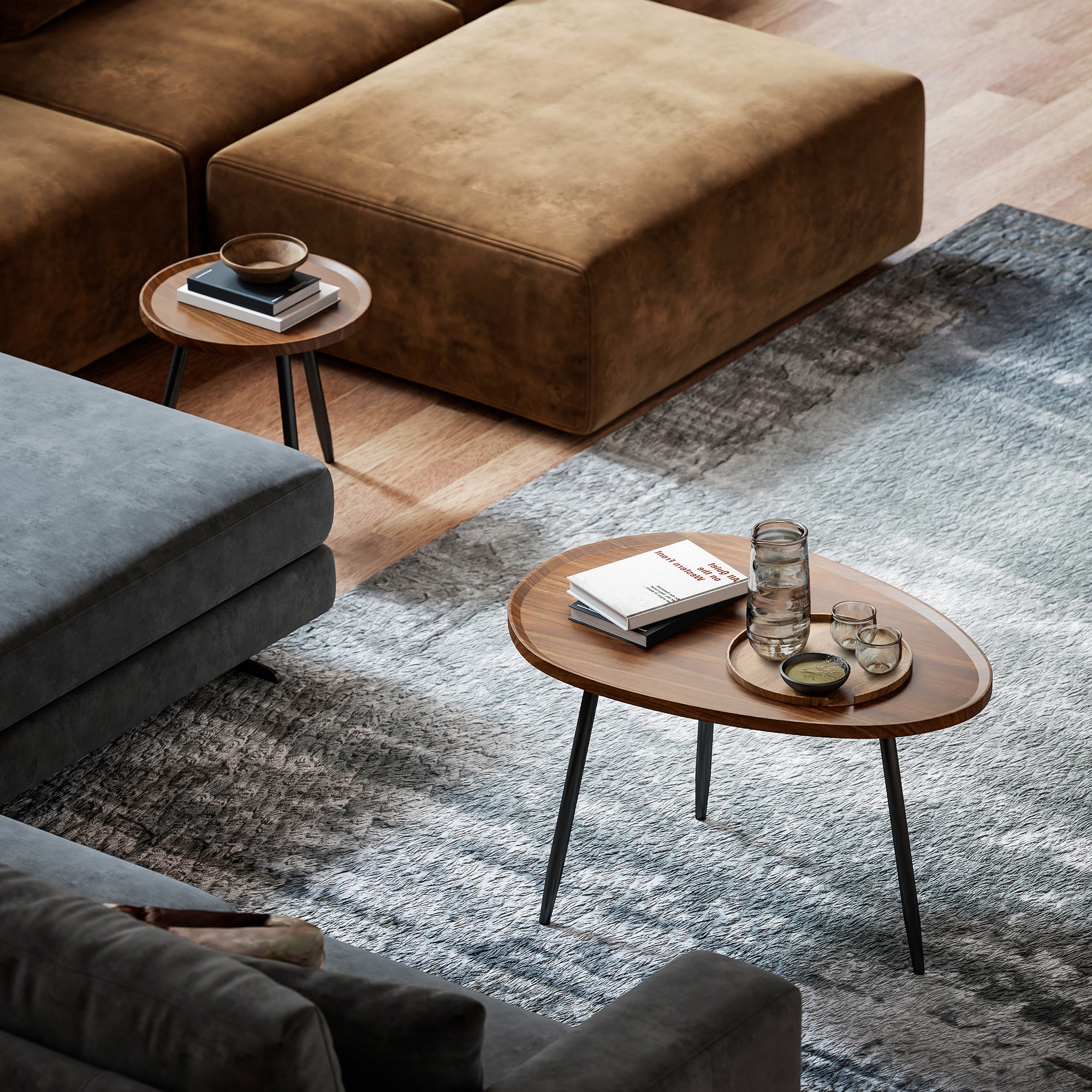 Set of 2 Stackable Side Tables Nesting Coffee Tables Modern Style with Metal Frame for Living Room Bedroom Office 80x55x49 cm and Ø40x39 cm Wood Effect and Black