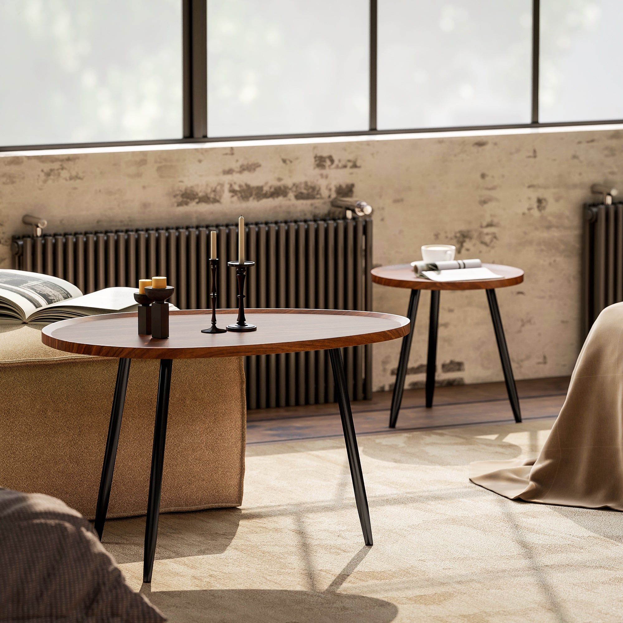 Set of 2 Stackable Side Tables Nesting Coffee Tables Modern Style with Metal Frame for Living Room Bedroom Office 80x55x49 cm and Ø40x39 cm Wood Effect and Black