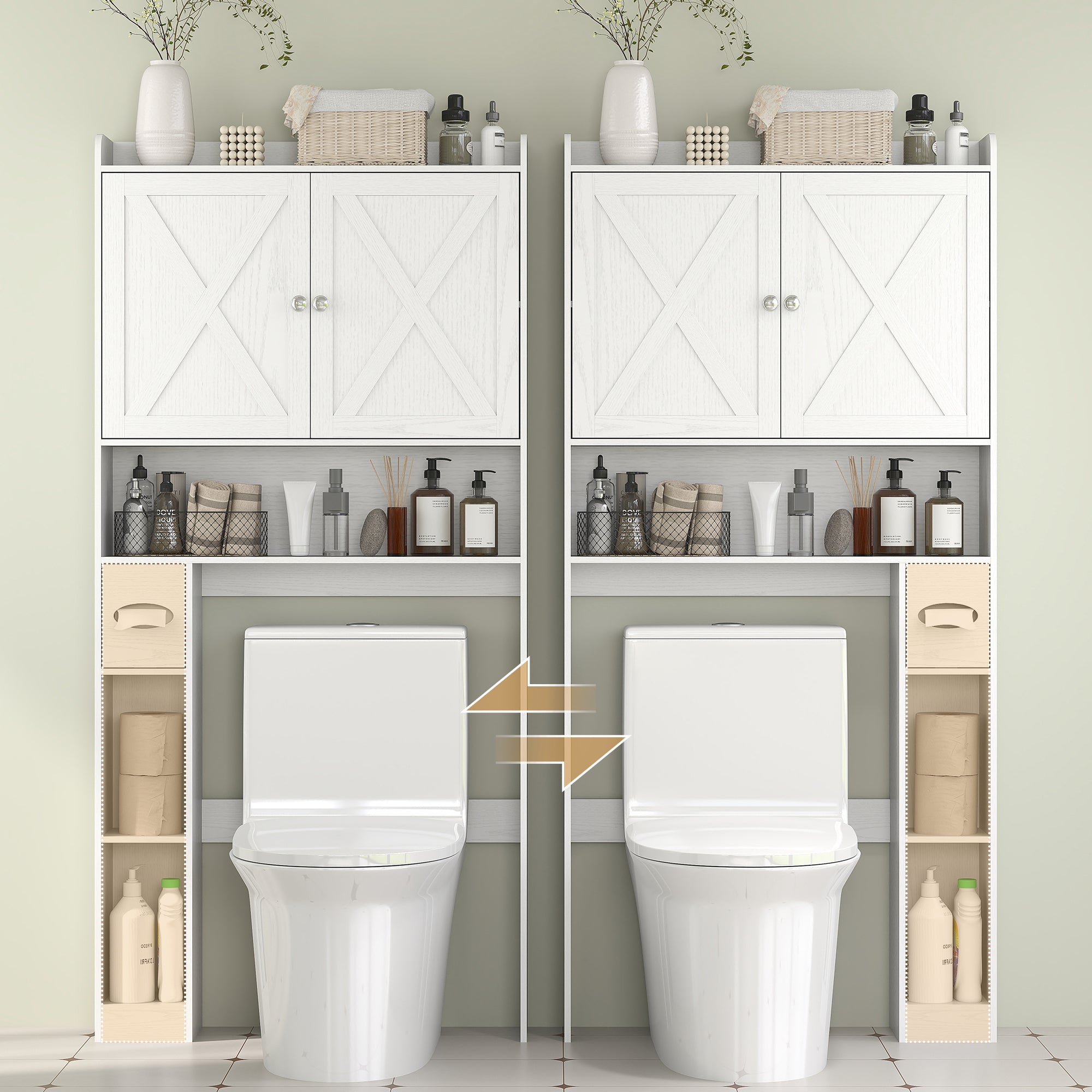 Over-The-Toilet Cabinet Bathroom Storage Toilet WC Cabinet with Barn Door, Adjustable Shelf, Open Compartments, and Toilet Paper Holder, 81.5x19.6x172cm, White