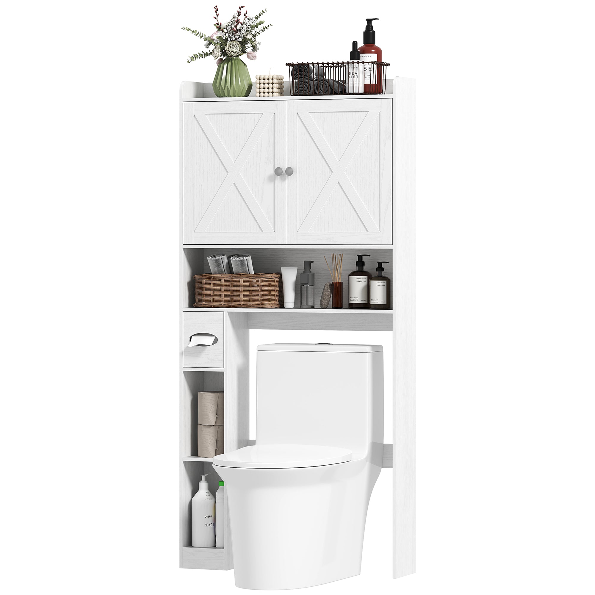 Over-The-Toilet Cabinet Bathroom Storage Toilet WC Cabinet with Barn Door, Adjustable Shelf, Open Compartments, and Toilet Paper Holder, 81.5x19.6x172cm, White