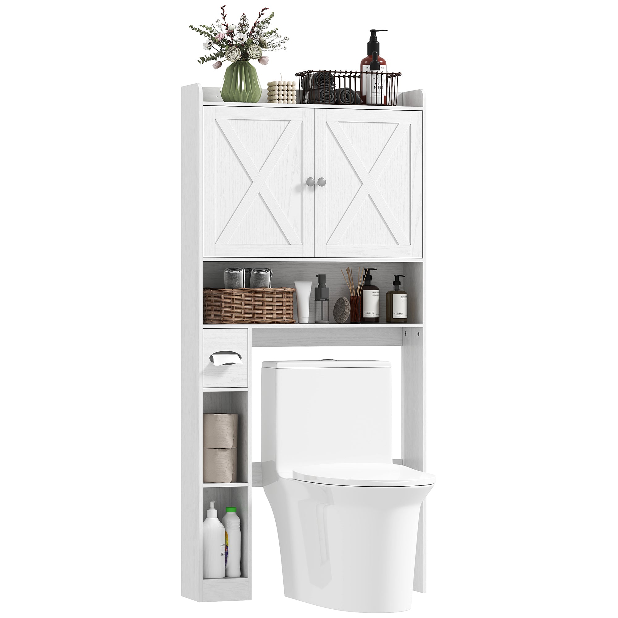 Over-The-Toilet Cabinet Bathroom Storage Toilet WC Cabinet with Barn Door, Adjustable Shelf, Open Compartments, and Toilet Paper Holder, 81.5x19.6x172cm, White