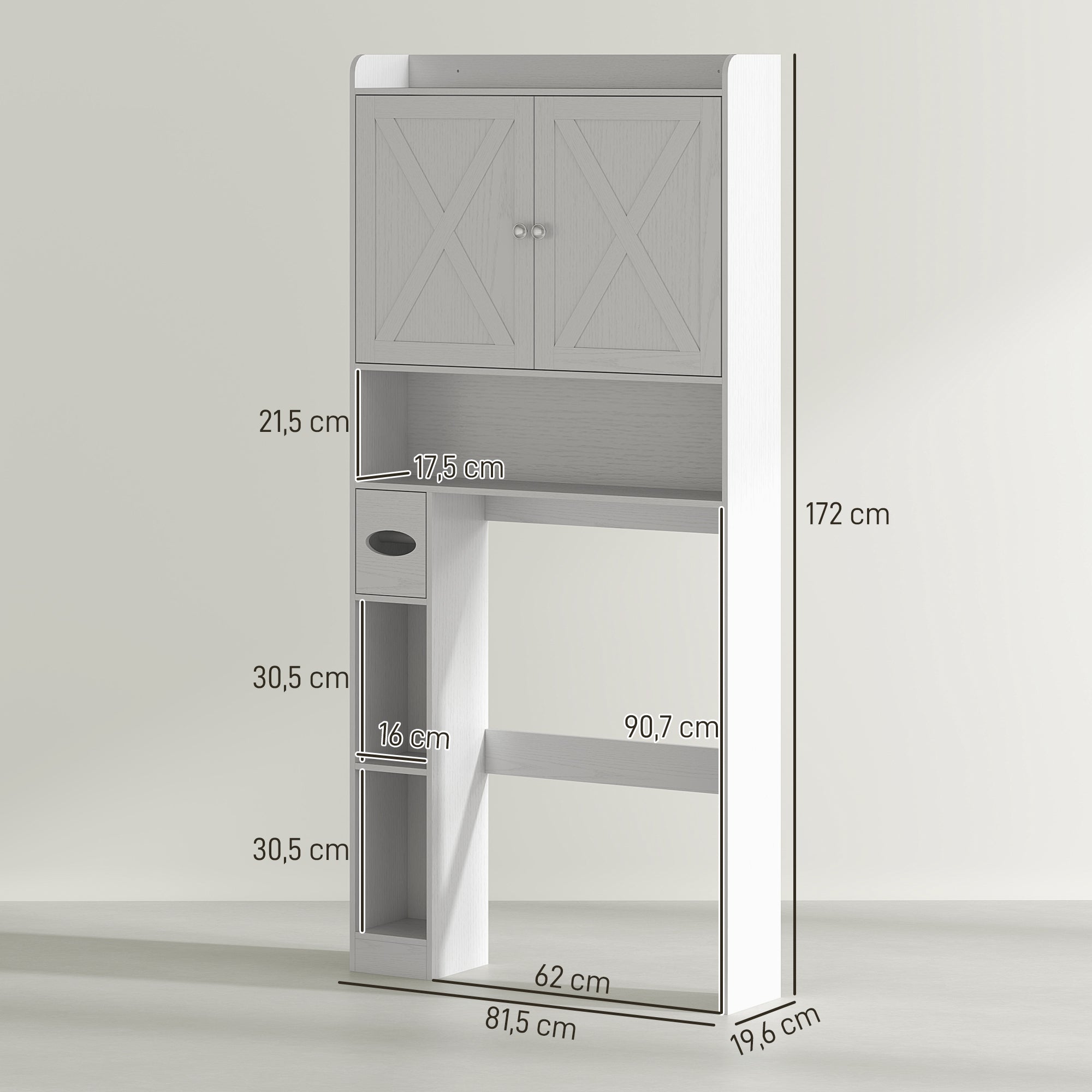 Over-The-Toilet Cabinet Bathroom Storage Toilet WC Cabinet with Barn Door, Adjustable Shelf, Open Compartments, and Toilet Paper Holder, 81.5x19.6x172cm, White